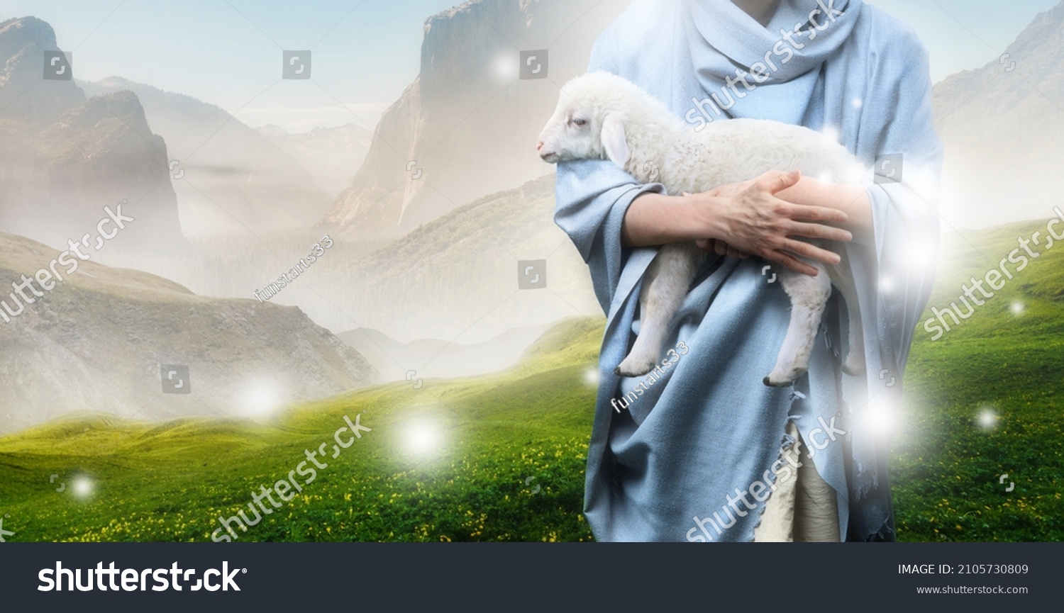 Jesus recovered the lost sheep carrying it in his arms. Biblical story conceptual theme. #2105730809