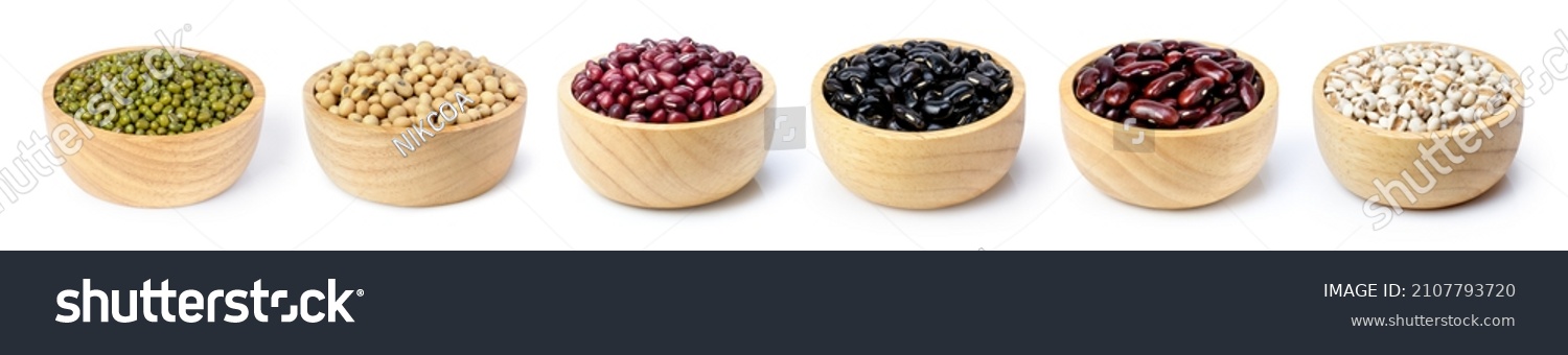Collection of mix bean (red kidney, green mung, black bean, soy beans, adzuki and millet ) in wooden bowl isolated on white background. #2107793720