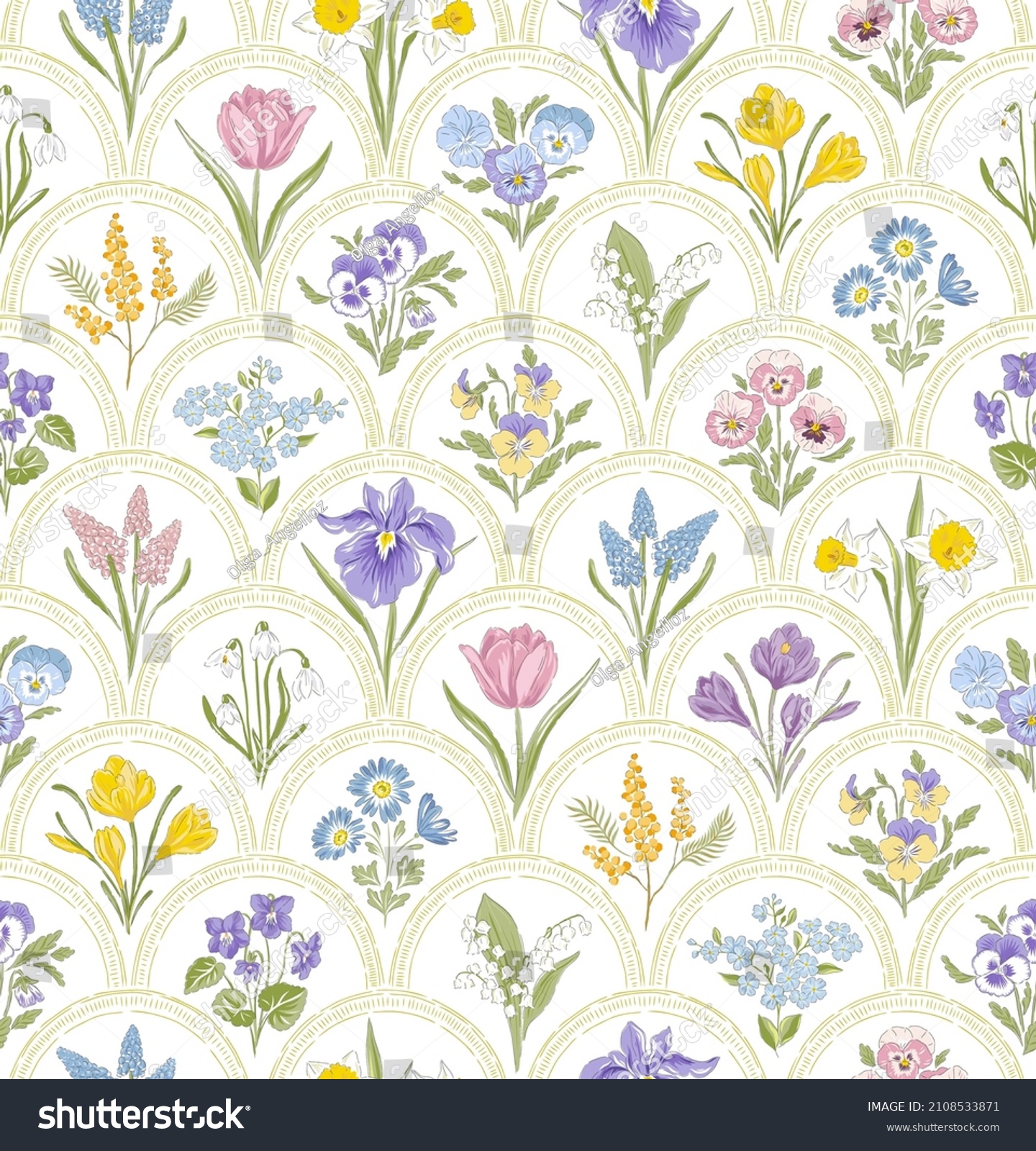 Spring Garden variety flowers in rainbow medallion hand drawn vector seamless pattern. Vintage Romantic Bloom design. Cottage core aesthetic floral print for fabric, scrapbook, wrapping, card making #2108533871