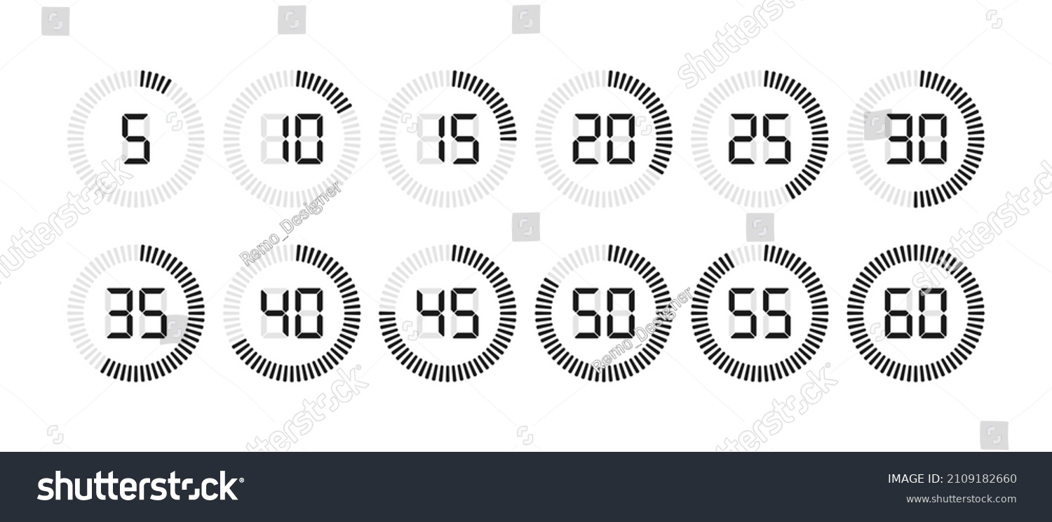 Timer and stopwatch icon set with digital numbers. Countdown timer or digital clock for time with second symbols. Vector illustration. #2109182660