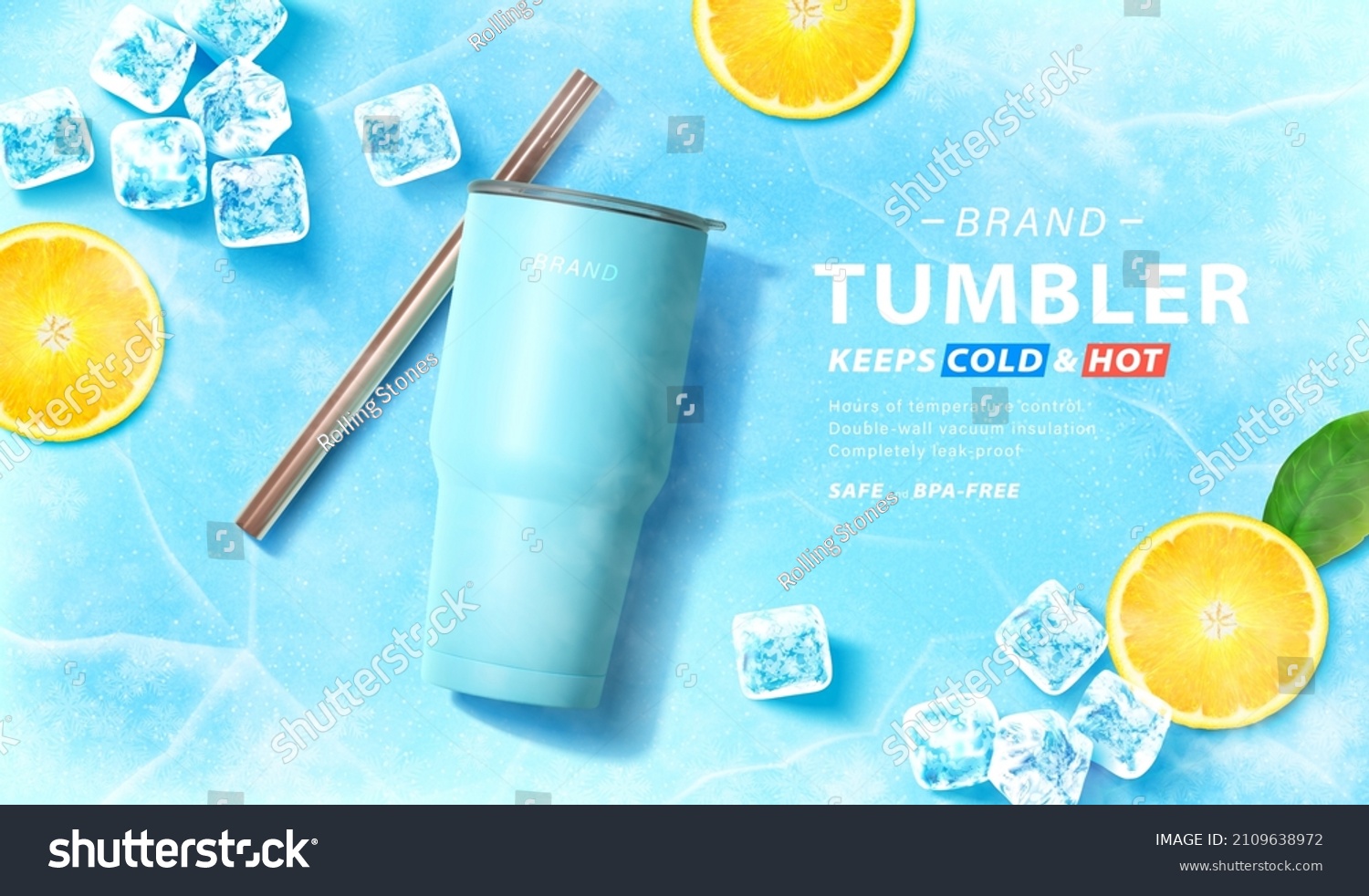 Blue tumbler banner ad. 3D Illustration of a covered tumbler bottle with its stainless straw lying on blue icy surface with ice cubes and lemon slices placed aside #2109638972