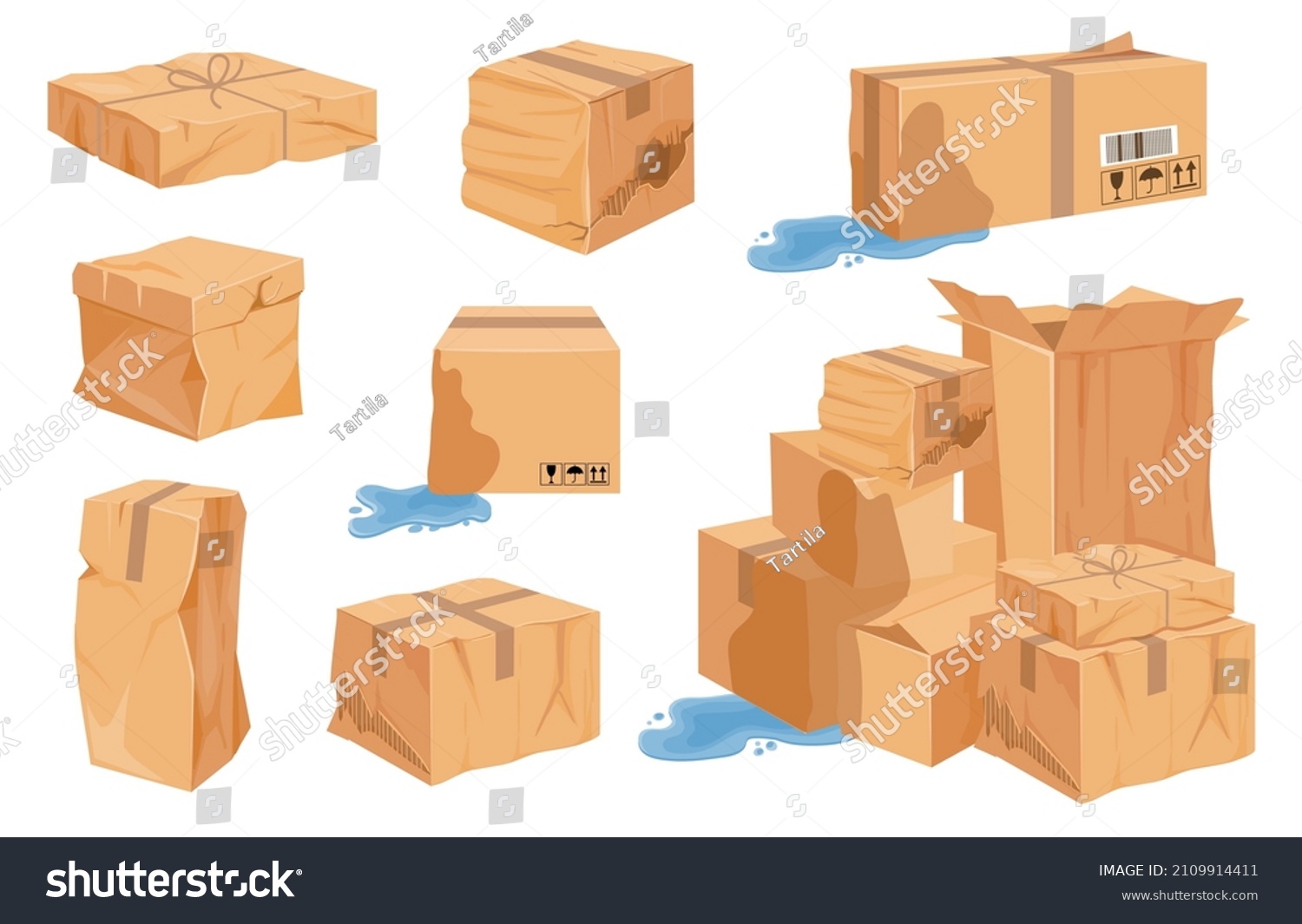 Cartoon damaged, torn and wet cardboard delivery boxes and piles. Crumpled crushed cargo carton package and parcels. Bad shipping vector set. Wrinkled and leaking containers, failed logistic #2109914411