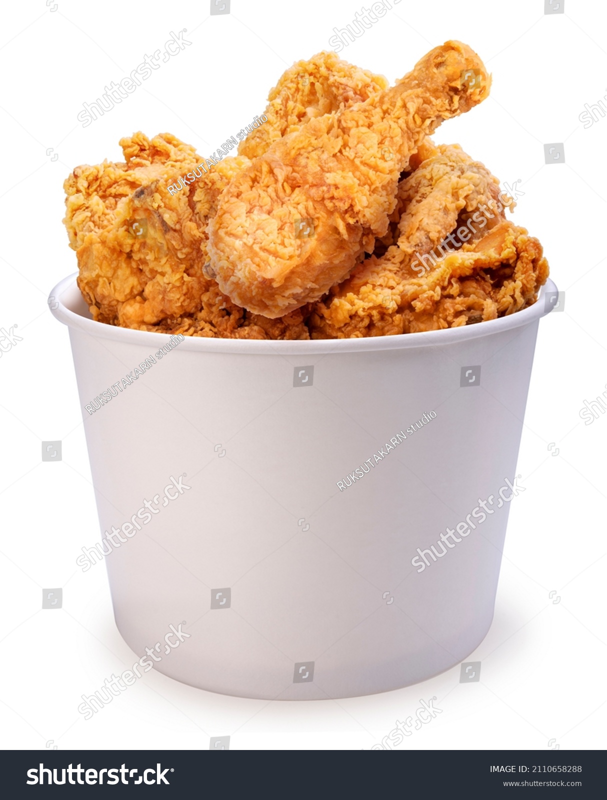 Fried chicken in paper bucket isolated on white background, Fried chicken on white With clipping path. #2110658288