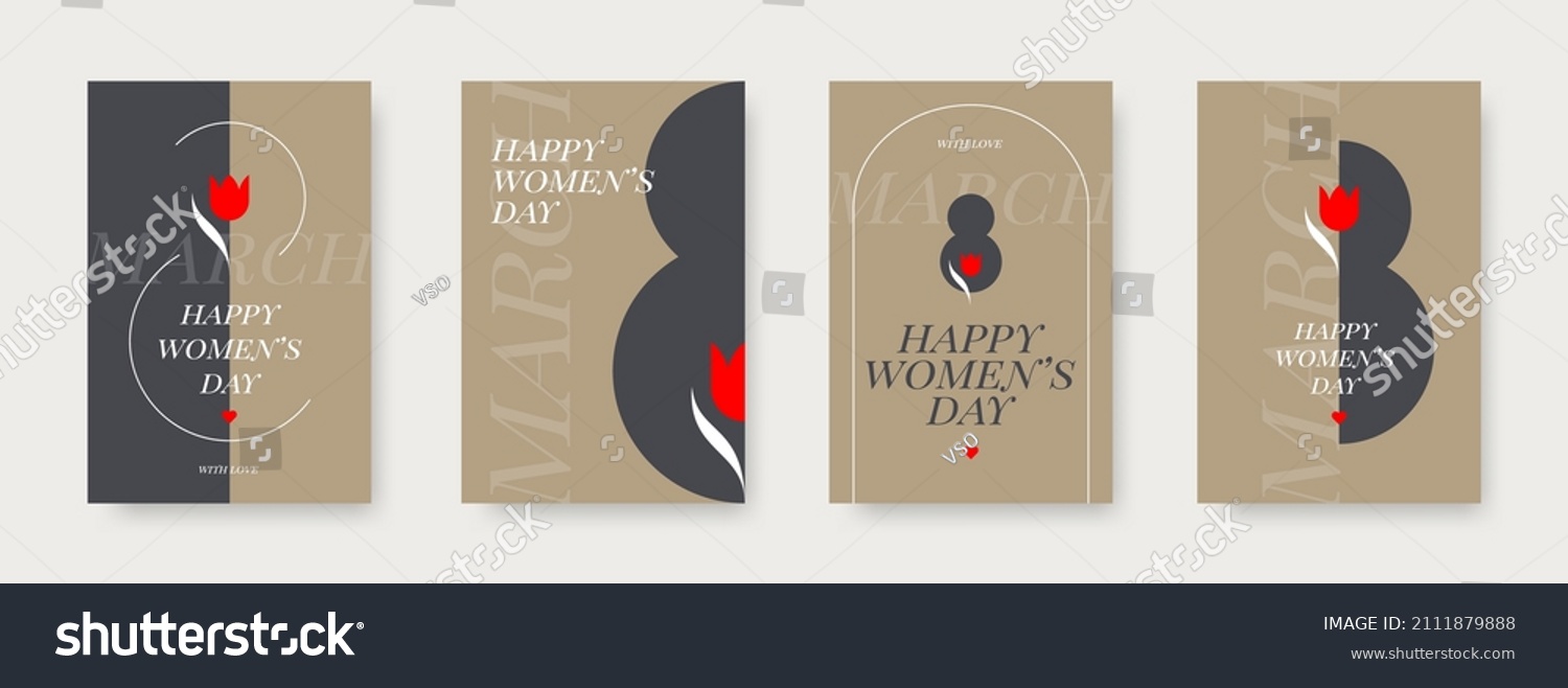 Set of Happy women's day greeting card. March 8 Holiday poster with type design and tulip flower. Design for greeting card, cover, invitation, flyer and etc. International women's day vector. #2111879888