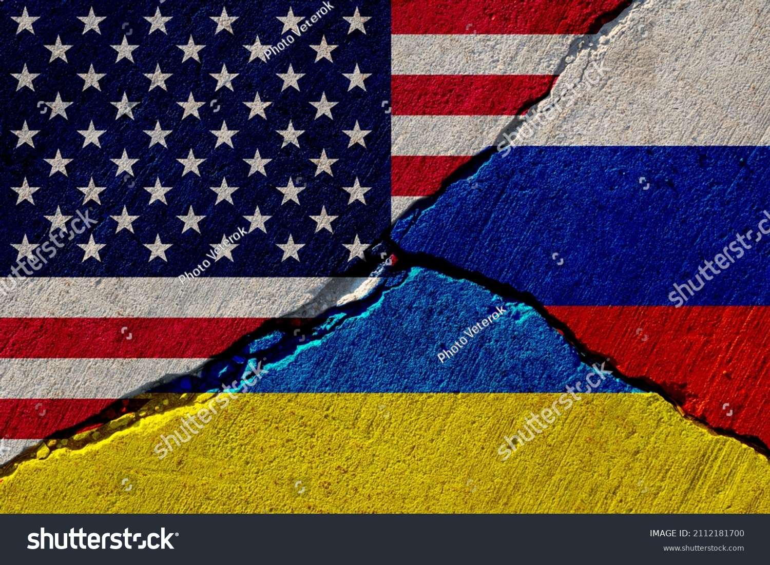 cracked concrete wall with painted united states, russia and ukraine flags #2112181700