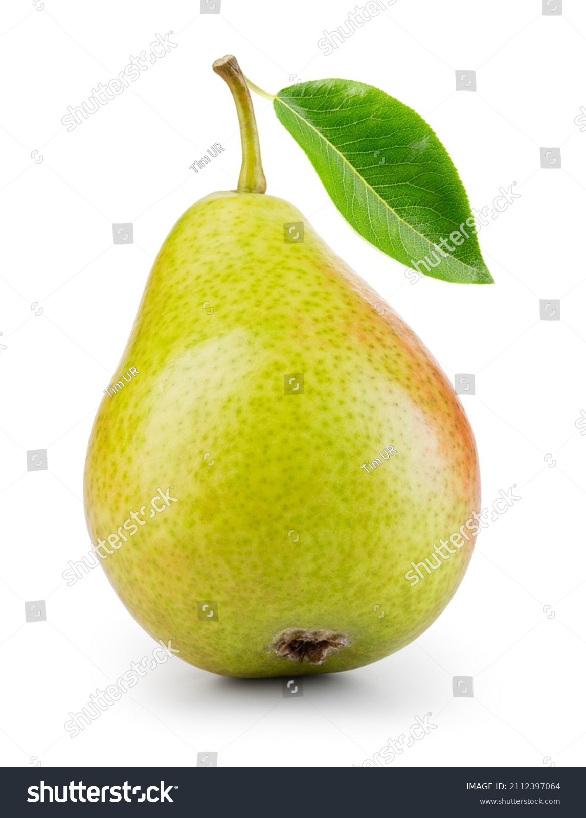 Pear isolated. Green pear with leaf on white background. With clipping path. Full depth of field.  #2112397064