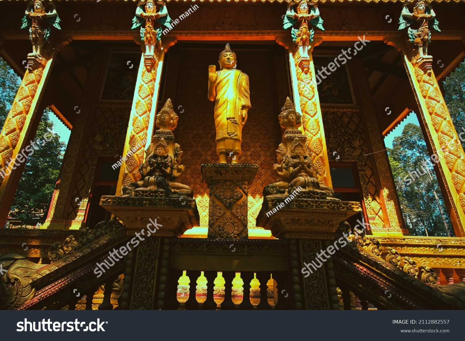 Low angle view of Chua Phu Ly, a Khmer or Cambodian Buddhist temple in Can tho, Vietnam #2112882557