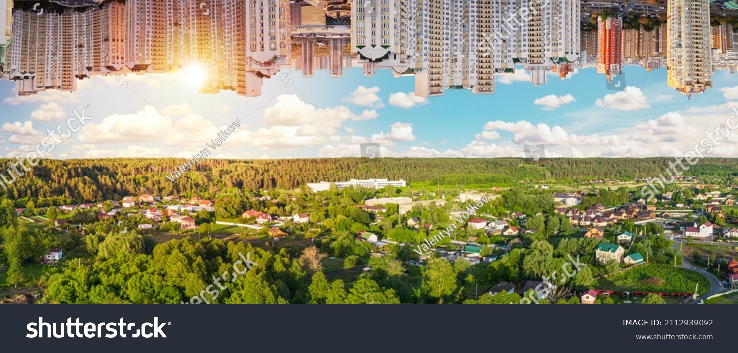 Rural versus urban areas. Beautiful landscape of country village from one side and city laldscape from other. Conceptual picture of increasing in the proportion  of cities. #2112939092