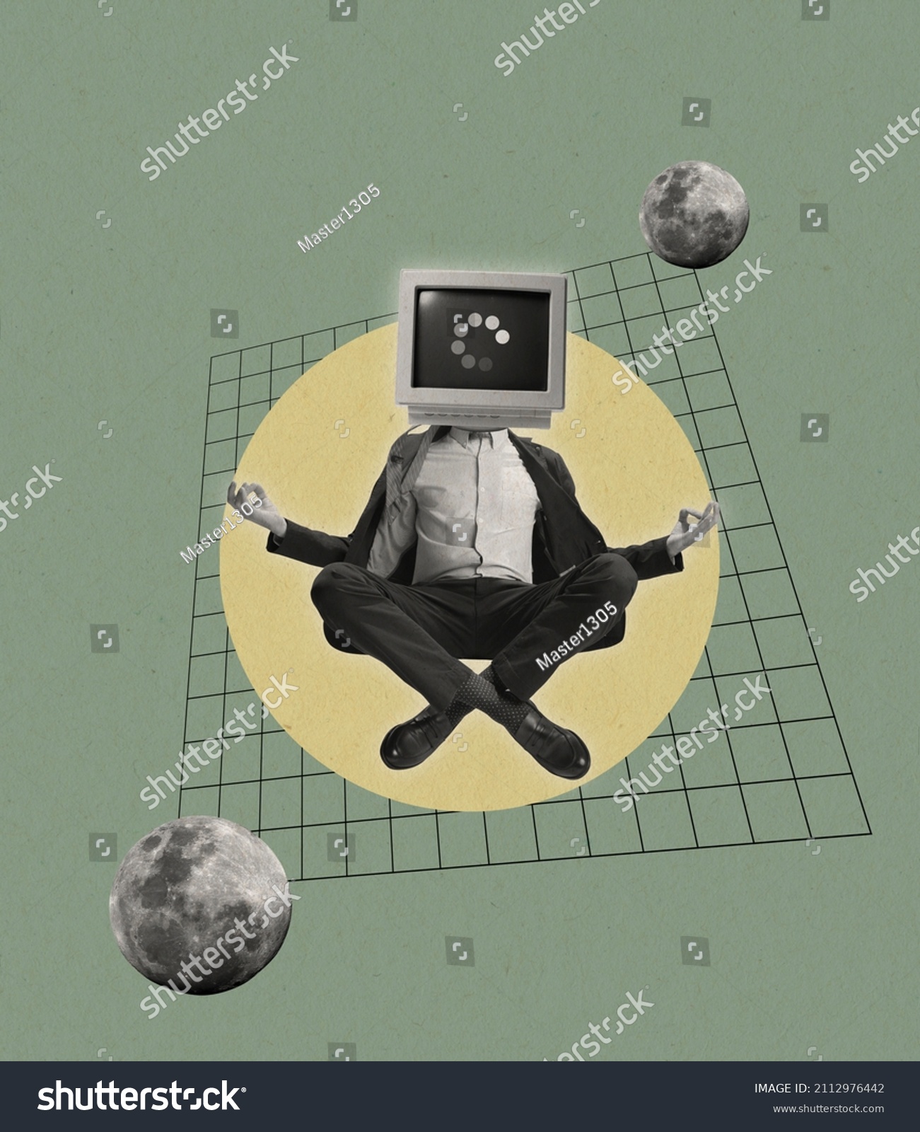 Contemporary art collage. Man, businessman in suit headed with retro computer sitting in yoga pose isolated over abstract background. Loading, generating new ideas. Concept of surrealism, retro style #2112976442