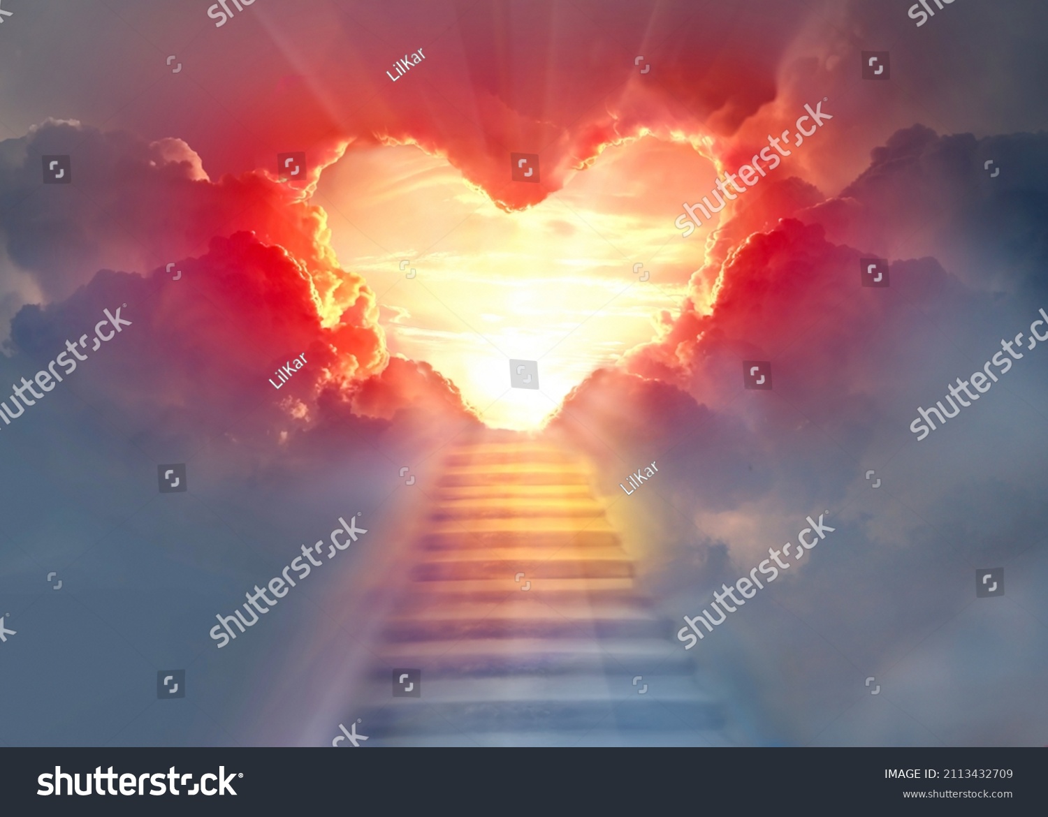 Stairway to Heaven.Stairs in sky.  Concept with sun and clouds.  Religion  background. Red heart shaped sky at sunset. Love background with copy space. #2113432709