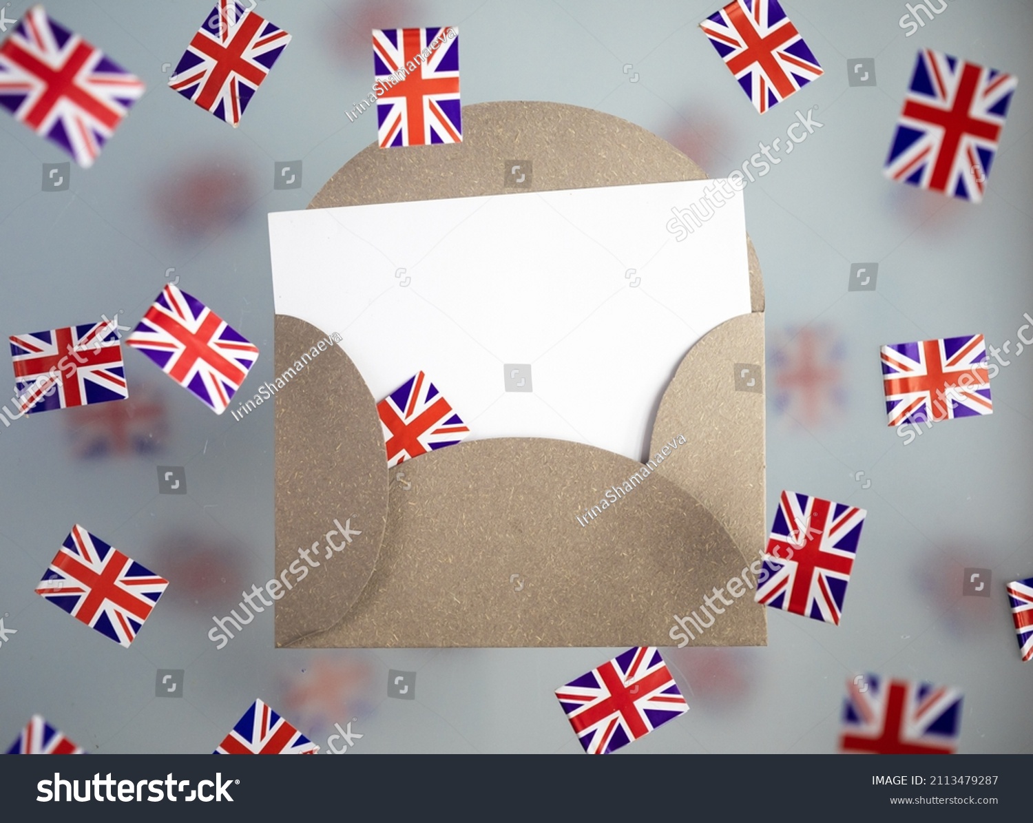 Great Britain, national holiday country. Mini flags on a transparent foggy background. concept patriotism, pride and freedom. Platinum Jubilee of Queen Elizabeth II. High quality photo #2113479287