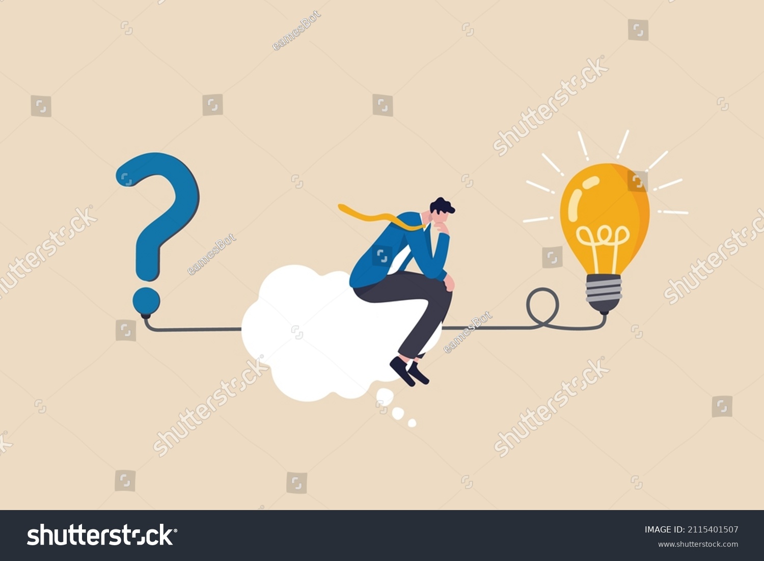 Problem solving skill, critical thinking or finding solution to solve problem, answer question, creativity or imagination, businessman on thinking bubble connect question mark to lightbulb solution. #2115401507
