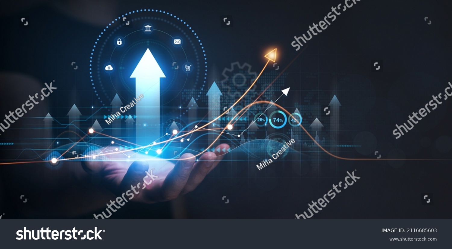 Businessman holding growing virtual hologram of statistics, graph and chart. Investment of growth on currency rate.Digital marketing concept. #2116685603