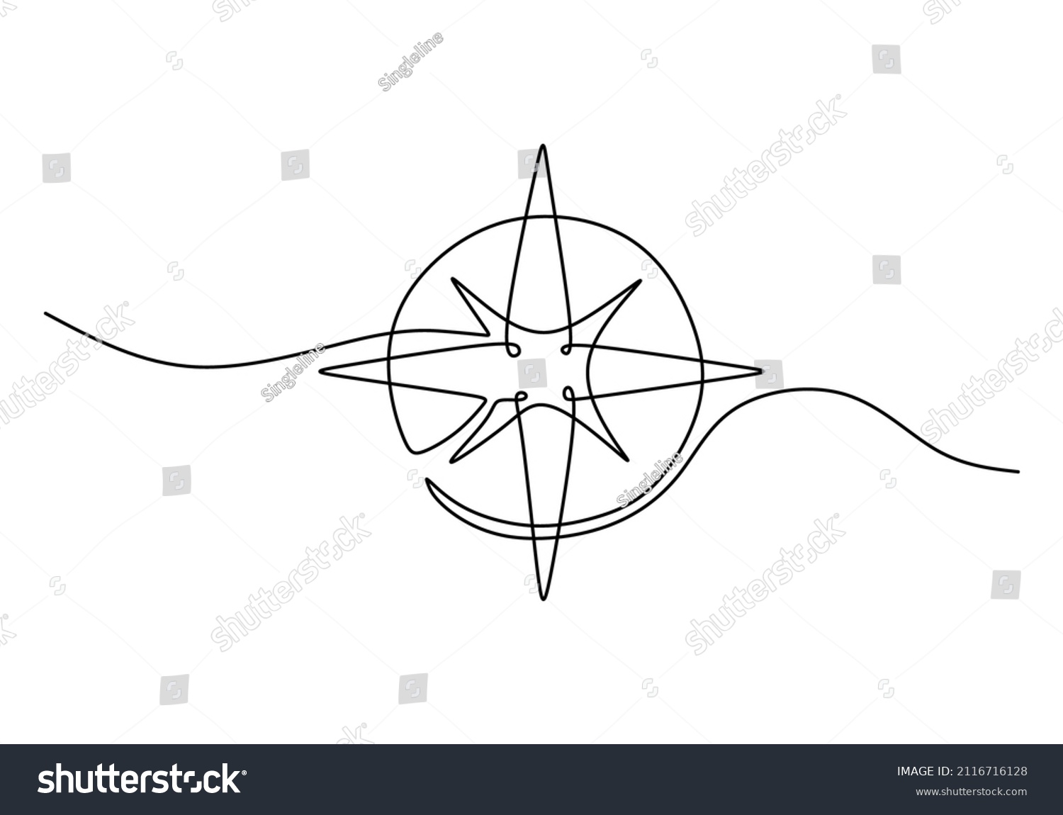 One continuous single line of compass for navigation isolated on white background. #2116716128