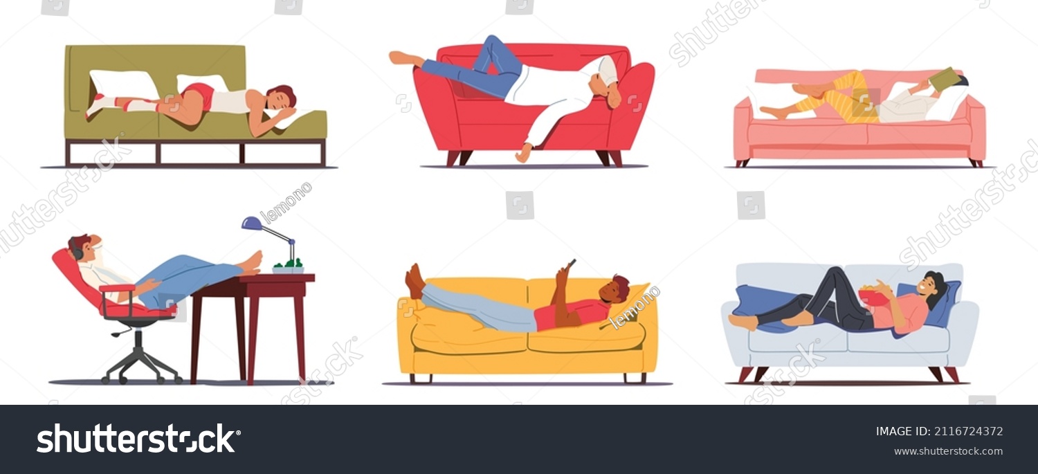 Set of Lazy Characters Relaxing during Weekend at Home Sleeping, Surfing Internet, Eating Junk Food. Weekend Recreation Concept. People Having Rest, Procrastination. Cartoon People Vector Illustration #2116724372