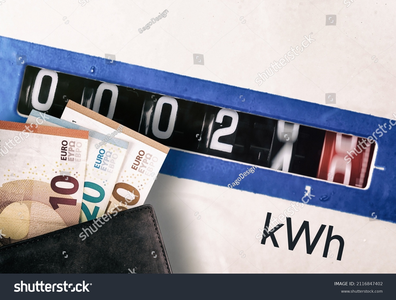 wallet with euros paper money and electricity meter measures #2116847402