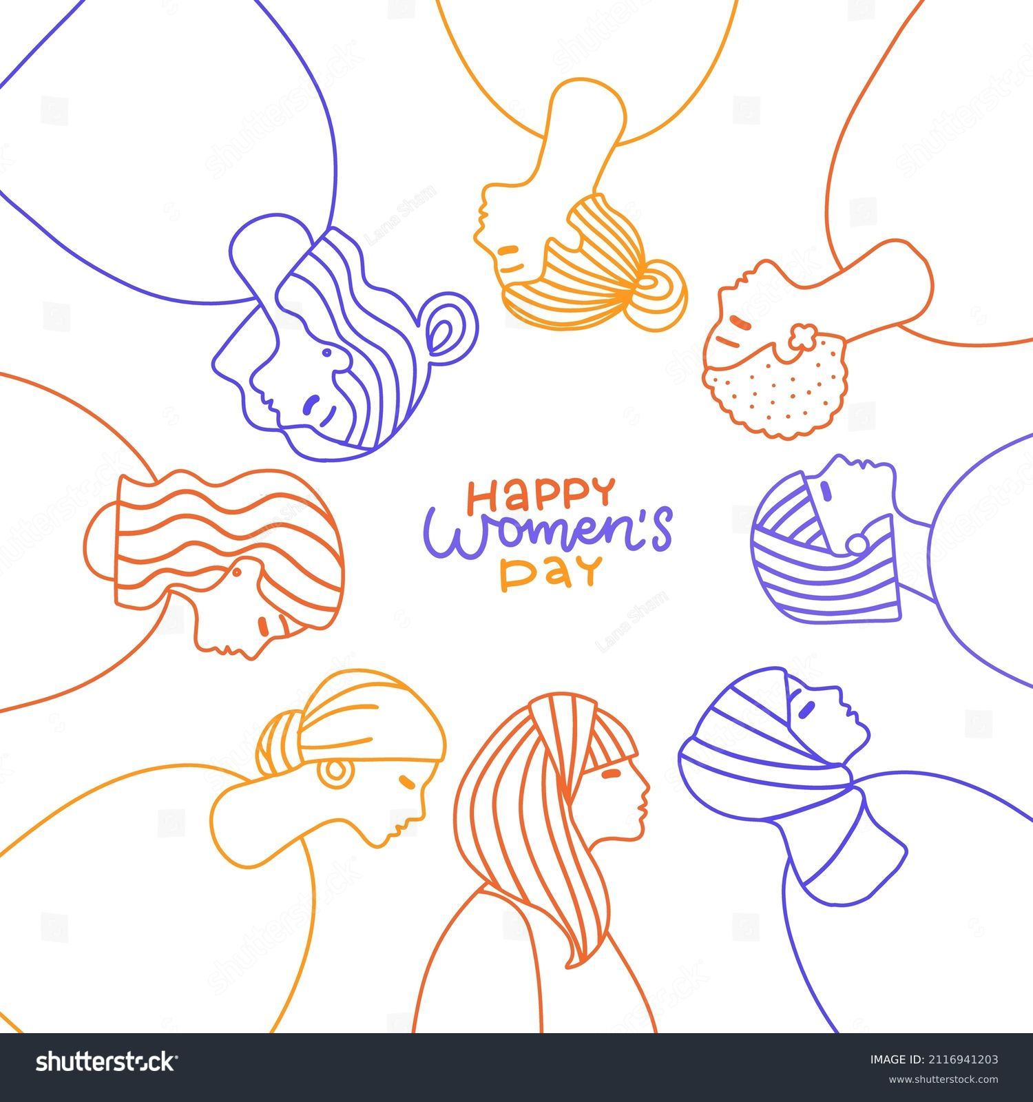 International Women's Day greeting card. Abstract different women portraits in one line style . Women empowerment. Vector linear doodle hand drawn illustration with lettering greeting text. #2116941203