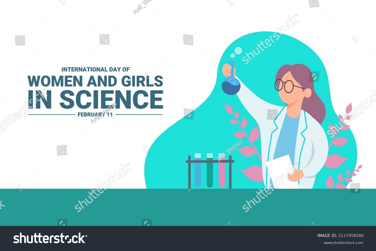 International Day of Women and Girls in Science. Science icon set. Illustration of young scientist woman. vector illustration. #2117458280