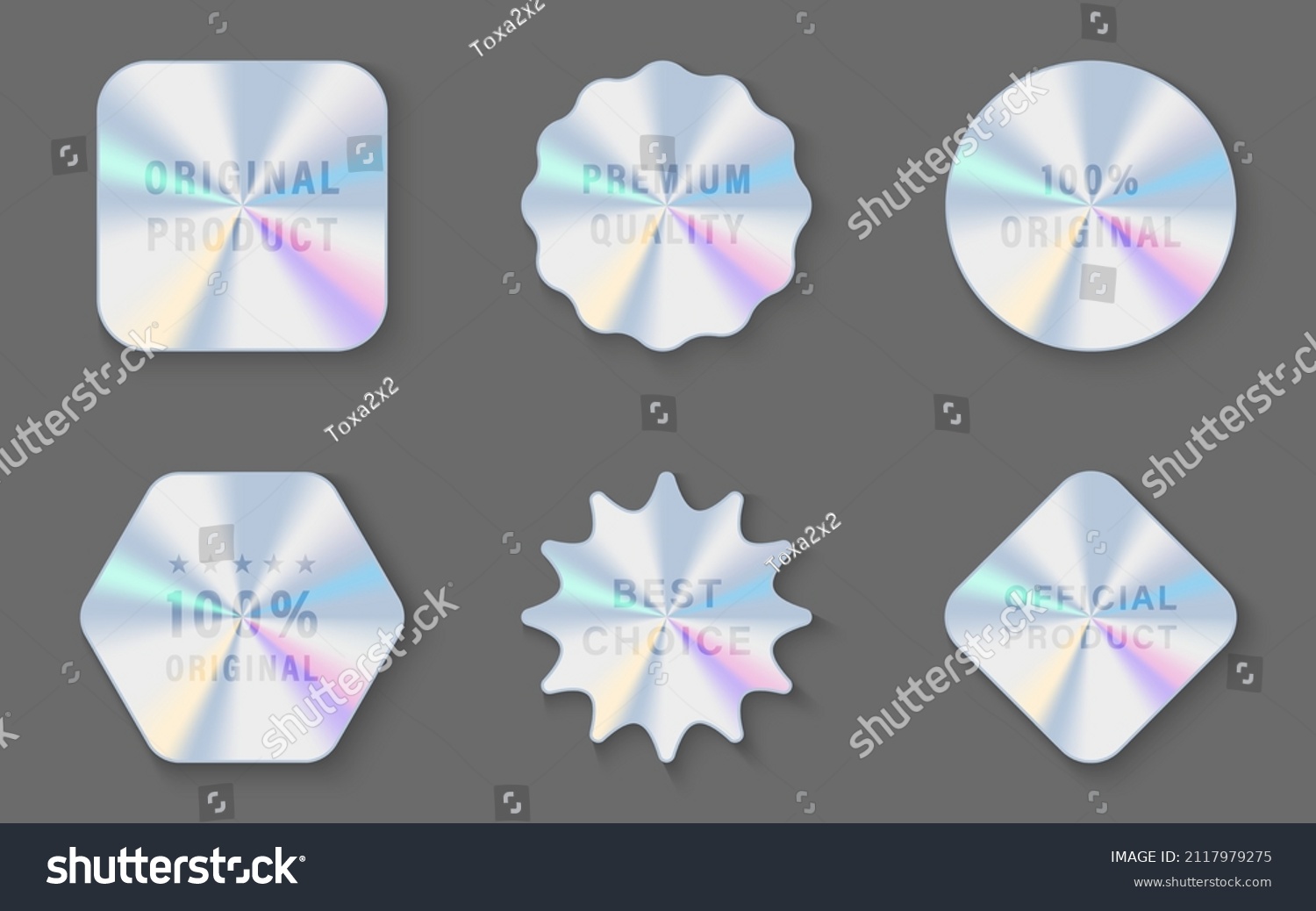 Hologram Stickers in Geometric Shapes Pictogram. Premium Quality, Best Choice, Original, Official Product Holographic Label. Holography Gradient Seal Template. Isolated Vector Illustration #2117979275