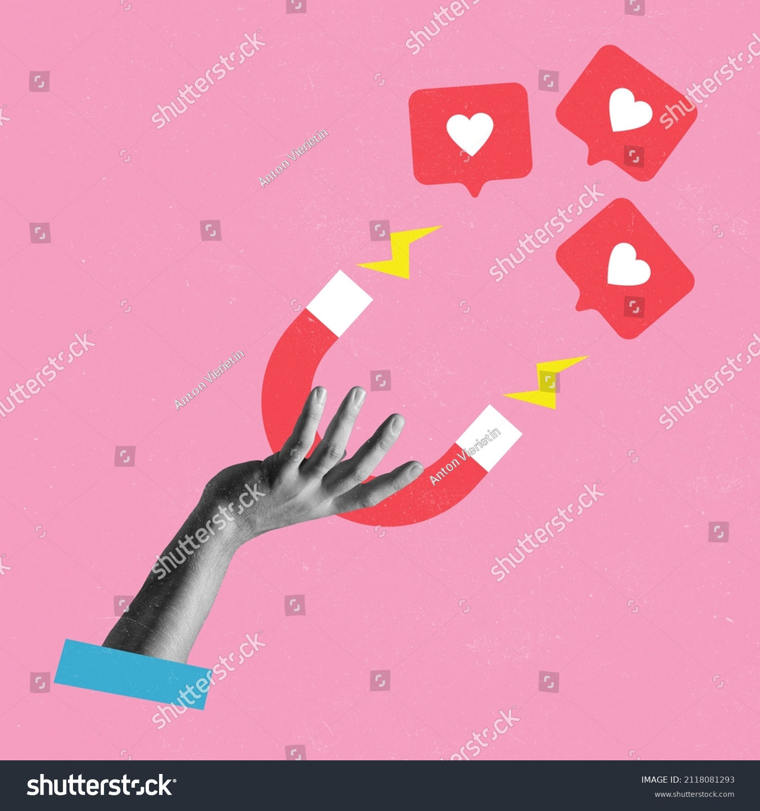 Conemporary art collage with female hand holding magnet and magnetizing likes symbol isolated over pink background. Concept of social media, influence, popularity, modern lifestyle and ad #2118081293