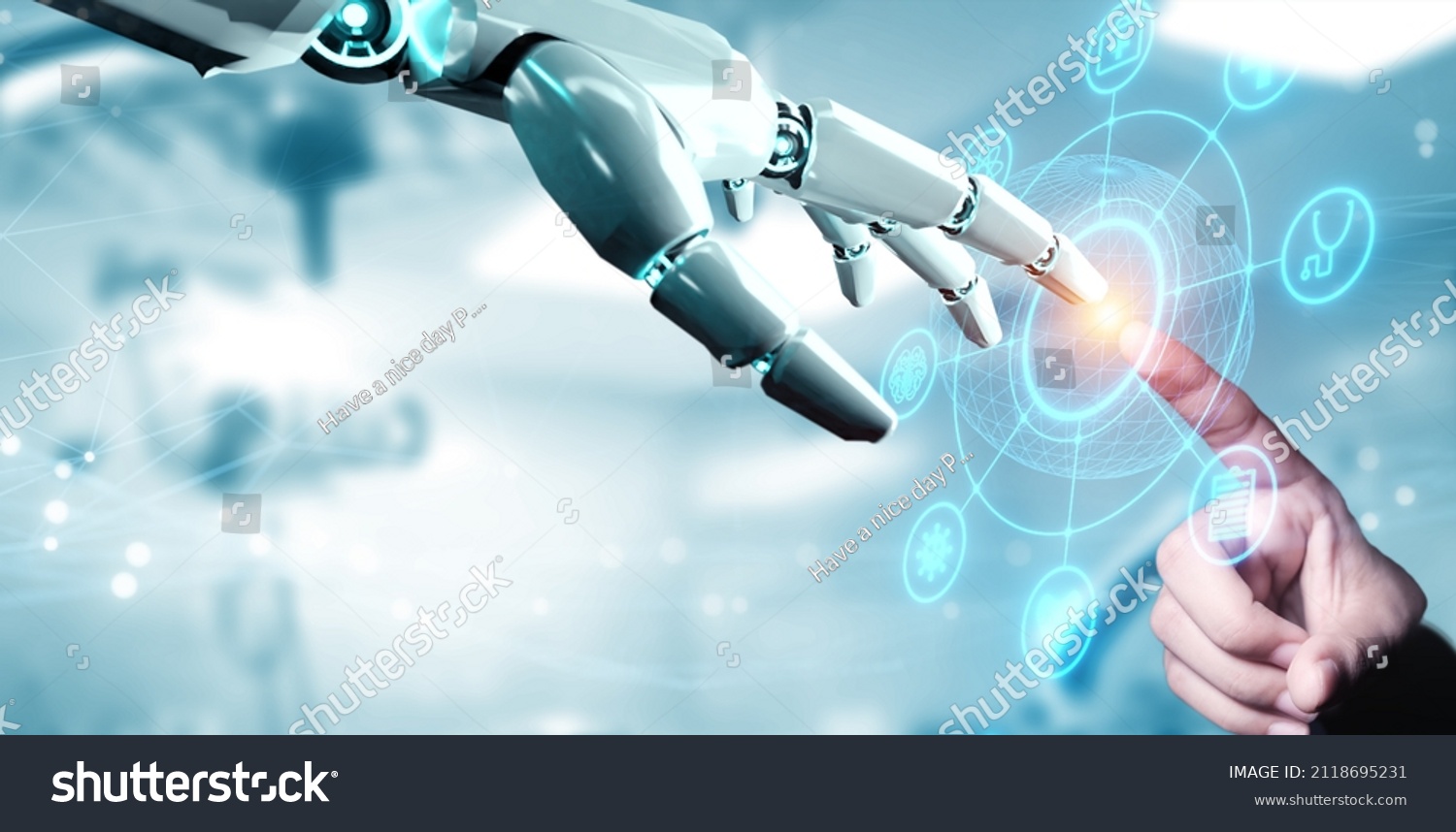 Robot hand ai artificial intelligence assistance for medical healthcare practices operation surgical performance, unity with human and ai concept, with graphical icon display blue banner background #2118695231
