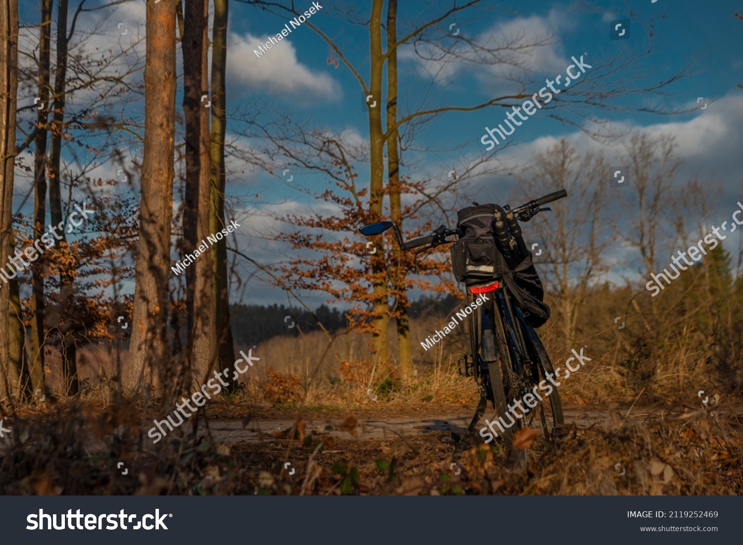 Electric bike in winter forest with blue sky and sunny shine in south Bohemia #2119252469