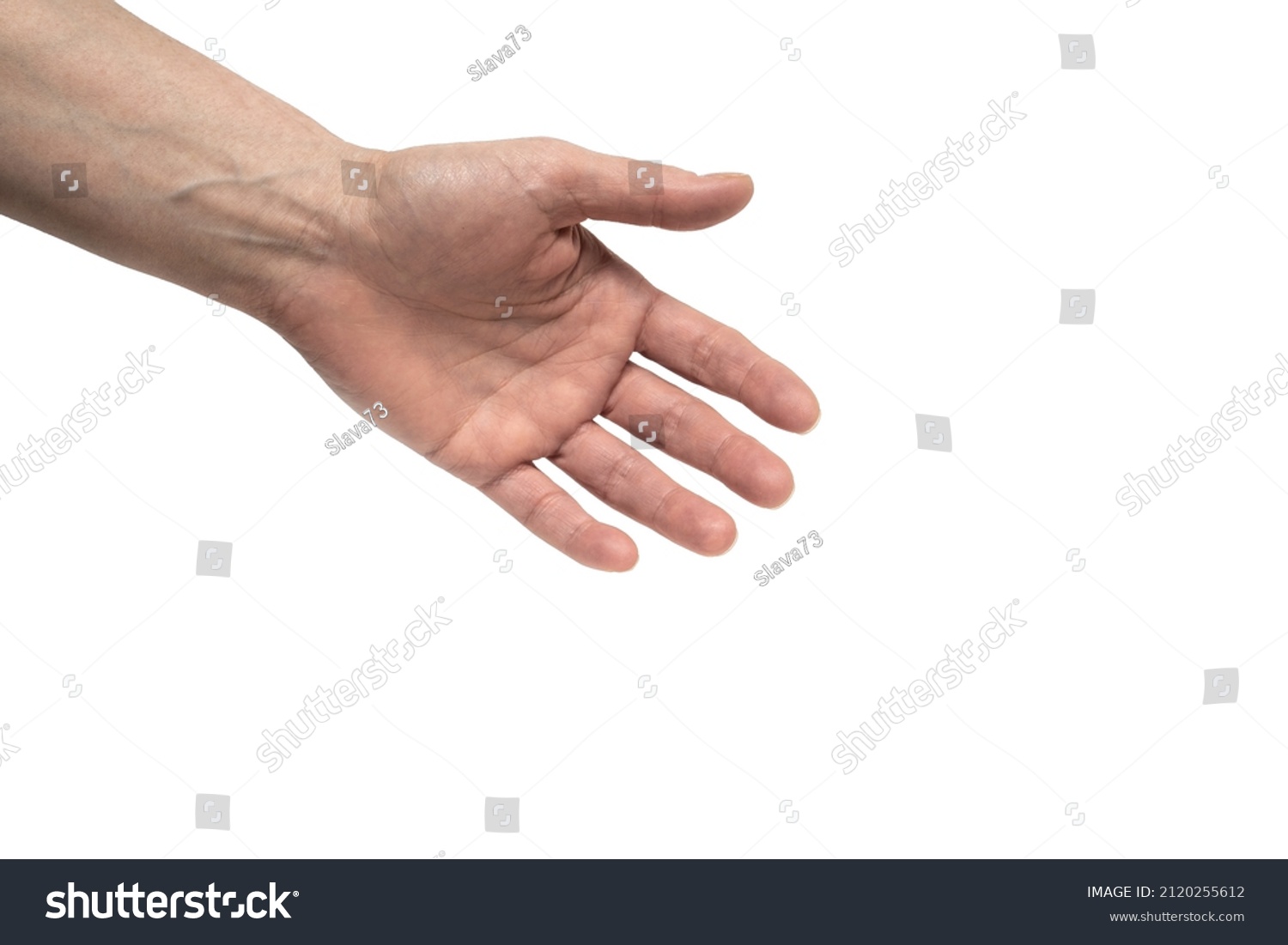 Female hand 46 years old with an open palm spread fingers close-up mockup isolate on a white background, #2120255612