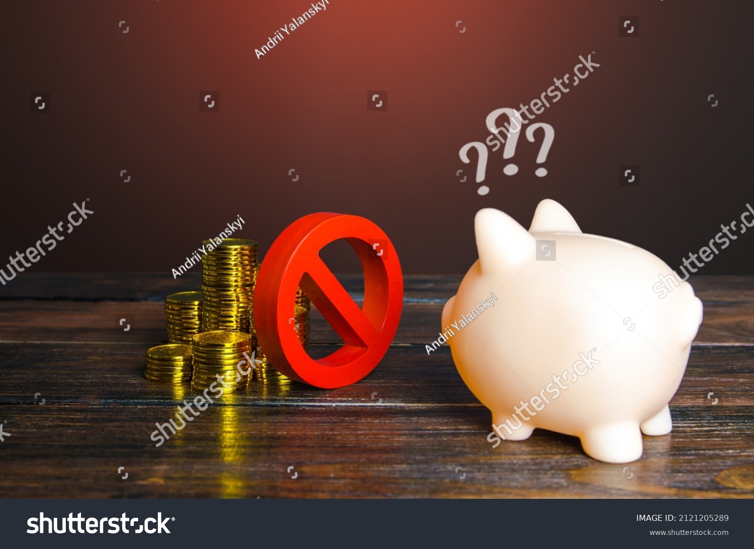 Red prohibition sign NO separates money and piggy bank. Freezing, confiscation, blocking of assets. Suspicious transactions. Sanctions, economic embargo. Savings. Loan disapproval. Bad credit history. #2121205289