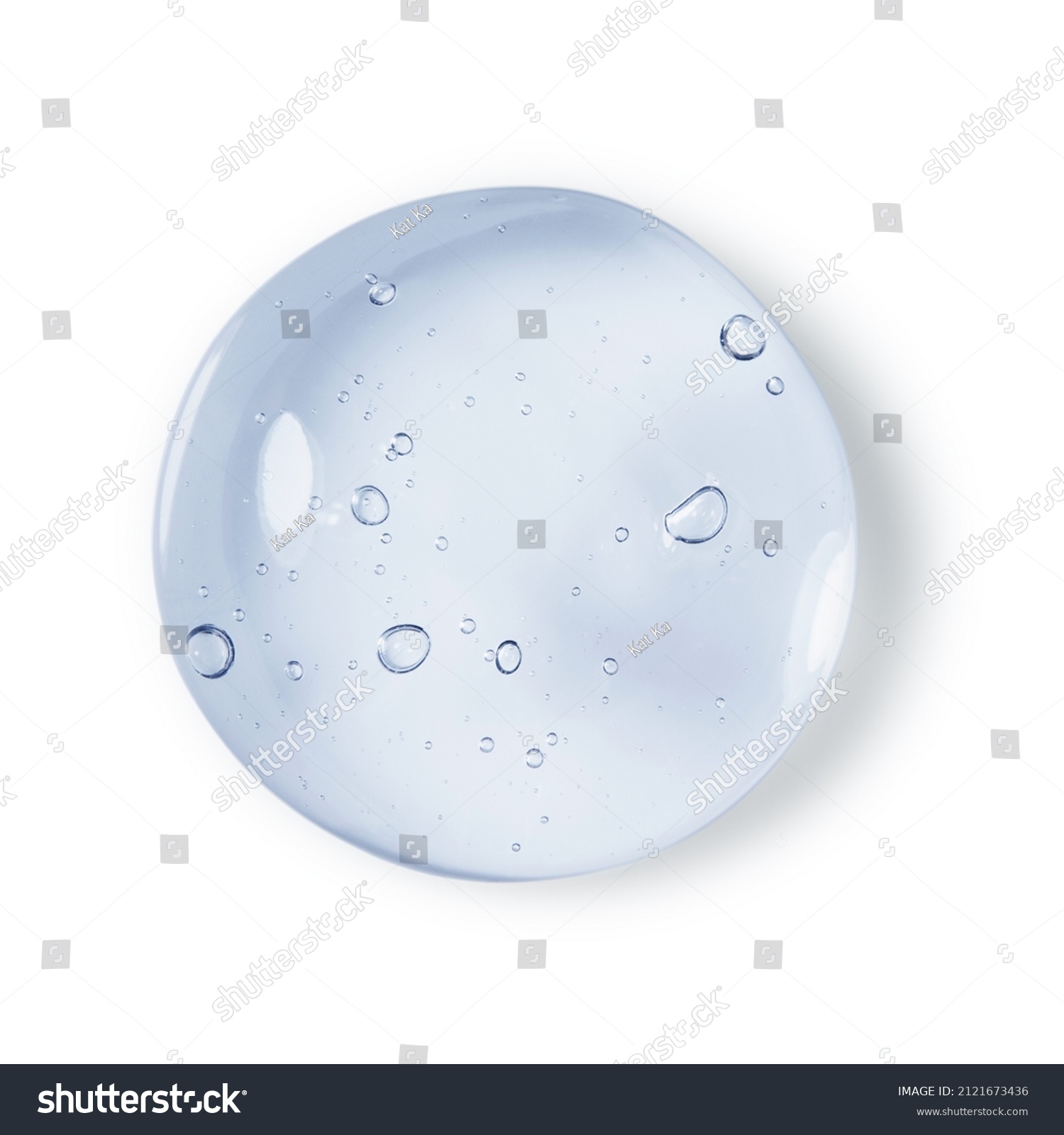 Glycerin gel texture. Blue serum toner drop isolated on white background. Liquid gel moisturizer with bubbles macro #2121673436