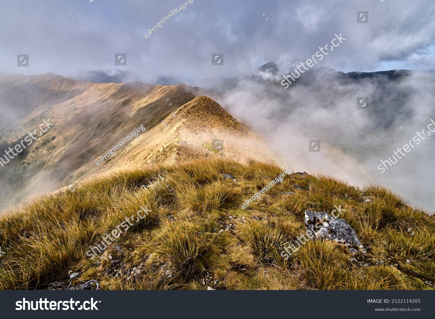 Paparoa National Park, New Zealand - December 25 2020: Cloudy Ridgeline from Croesus Knob #2122114205