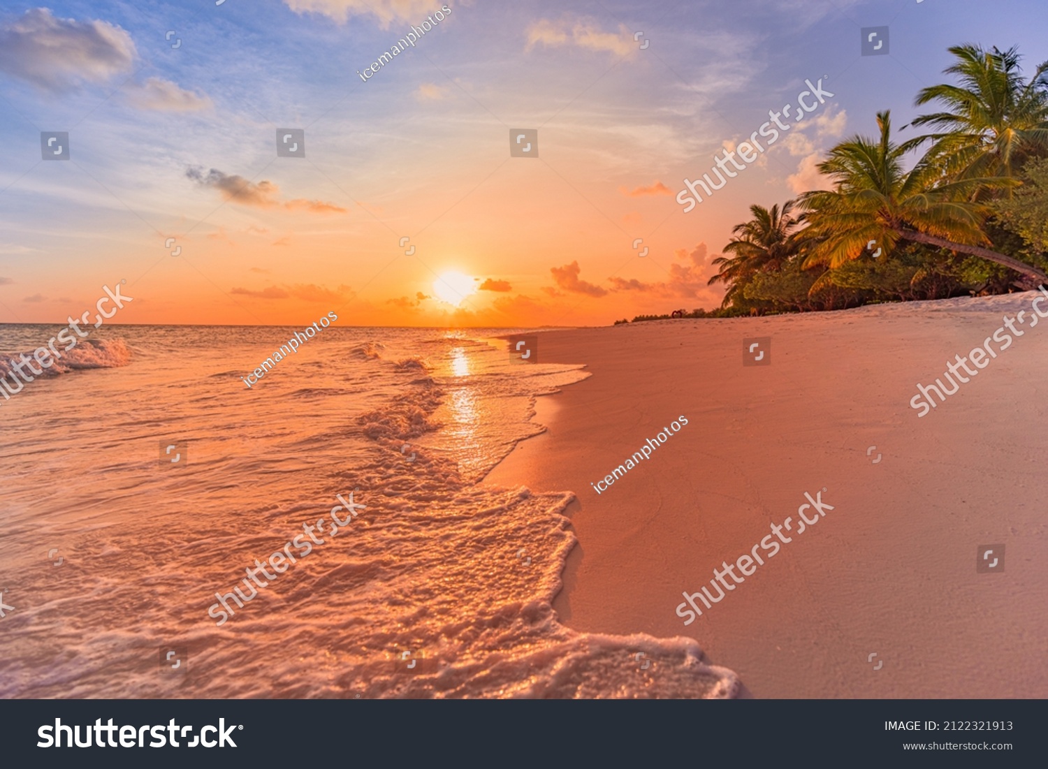 Fantastic closeup view of calm sea water waves with orange sunrise sunset sunlight. Tropical island beach landscape, exotic shore coast. Summer vacation, holiday amazing nature scenic. Relax paradise #2122321913