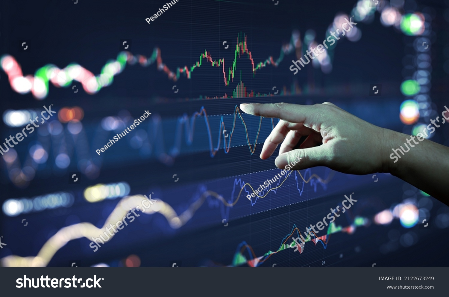 Businessman hand analysing financial stock market graph on board. Trading data index investment growth chart. Cryptocurrency and Forex Concept. #2122673249