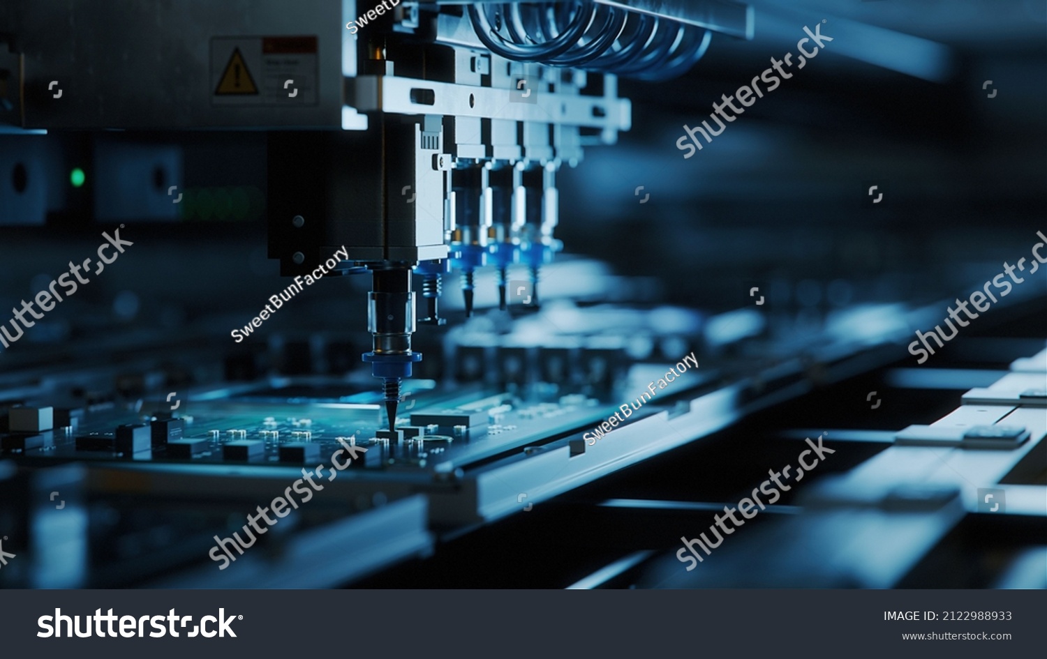 Automatic Pick and Place machine quickly installs Components on Circuit Board. Electronics and Circuit board Manufacturing. Dark Environment #2122988933