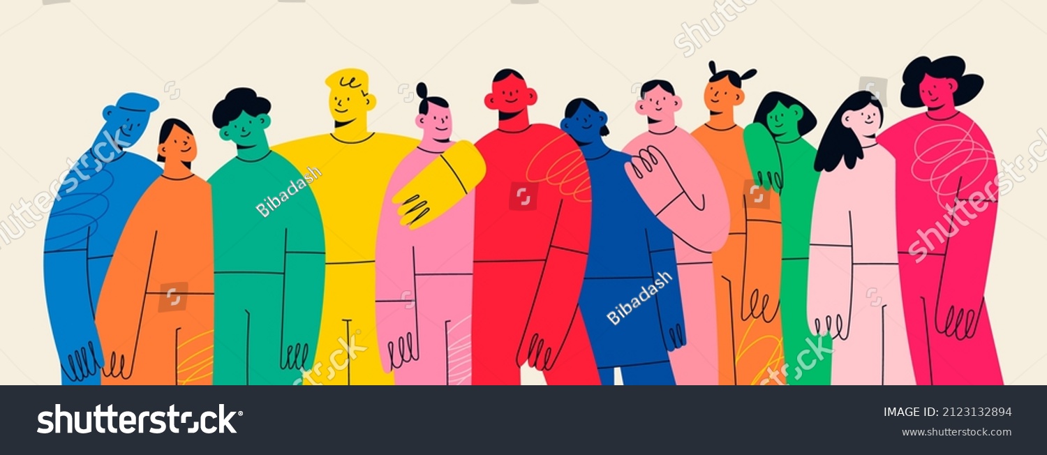 Group of abstract diverse people. Friends or coworkers are standing, hugging, posing together. Cartoon characters. Teamwork, togetherness, friendship concept. Hand drawn colorful Vector illustration #2123132894