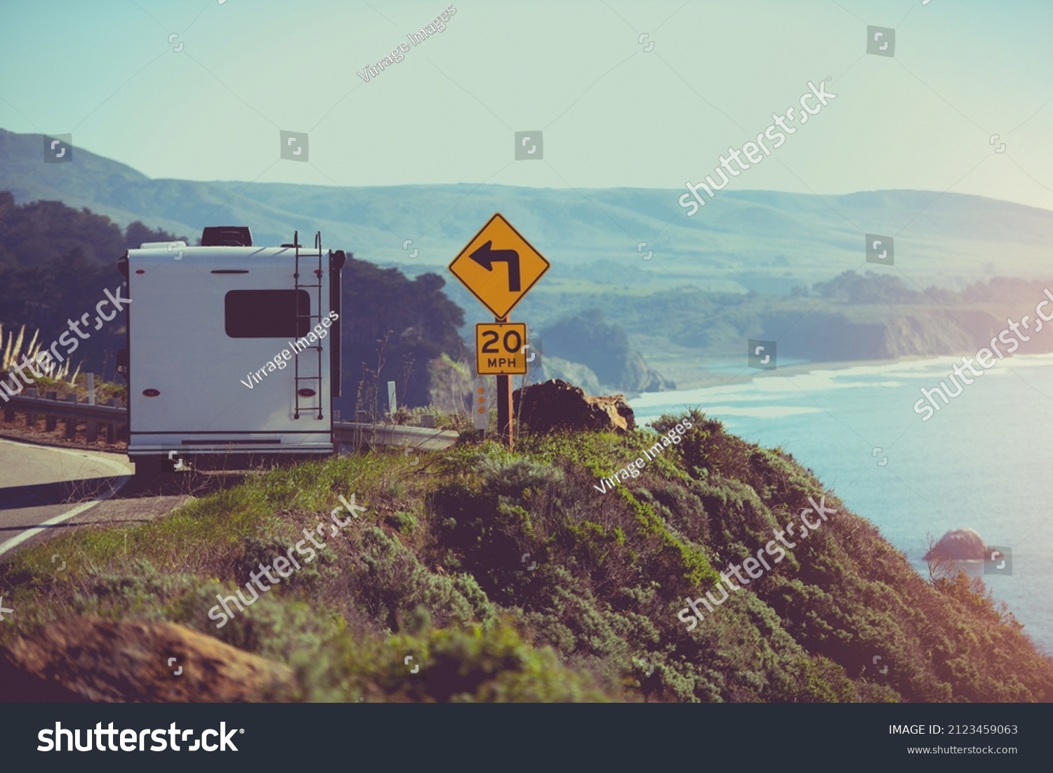Recreational Vehicle RV Class C Camper Van on the Scenic Coastal Route. Southern California Motor Home Road Trip. #2123459063