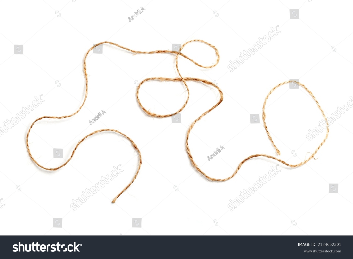 Piece of jute twine isolated on white background. Natural rope for packaging and decoration. Coarse linen threads. Hemp twine. #2124652301