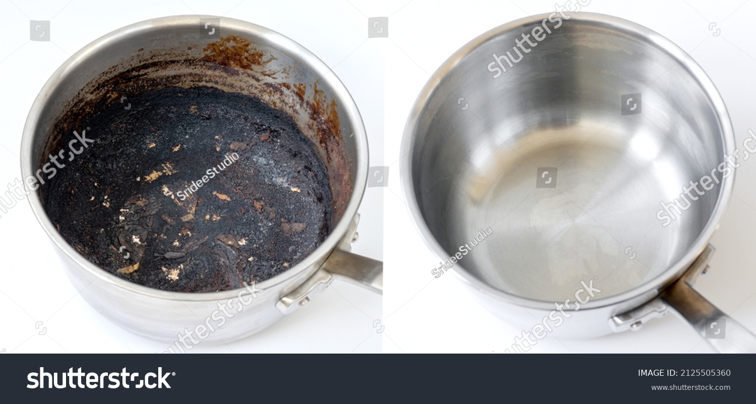 Compare burnt pan before and after cleaning the unclean able stained pot from burnt cookin. The dirty stainless steel pan with the clean pan clean shiny bright like new. #2125505360