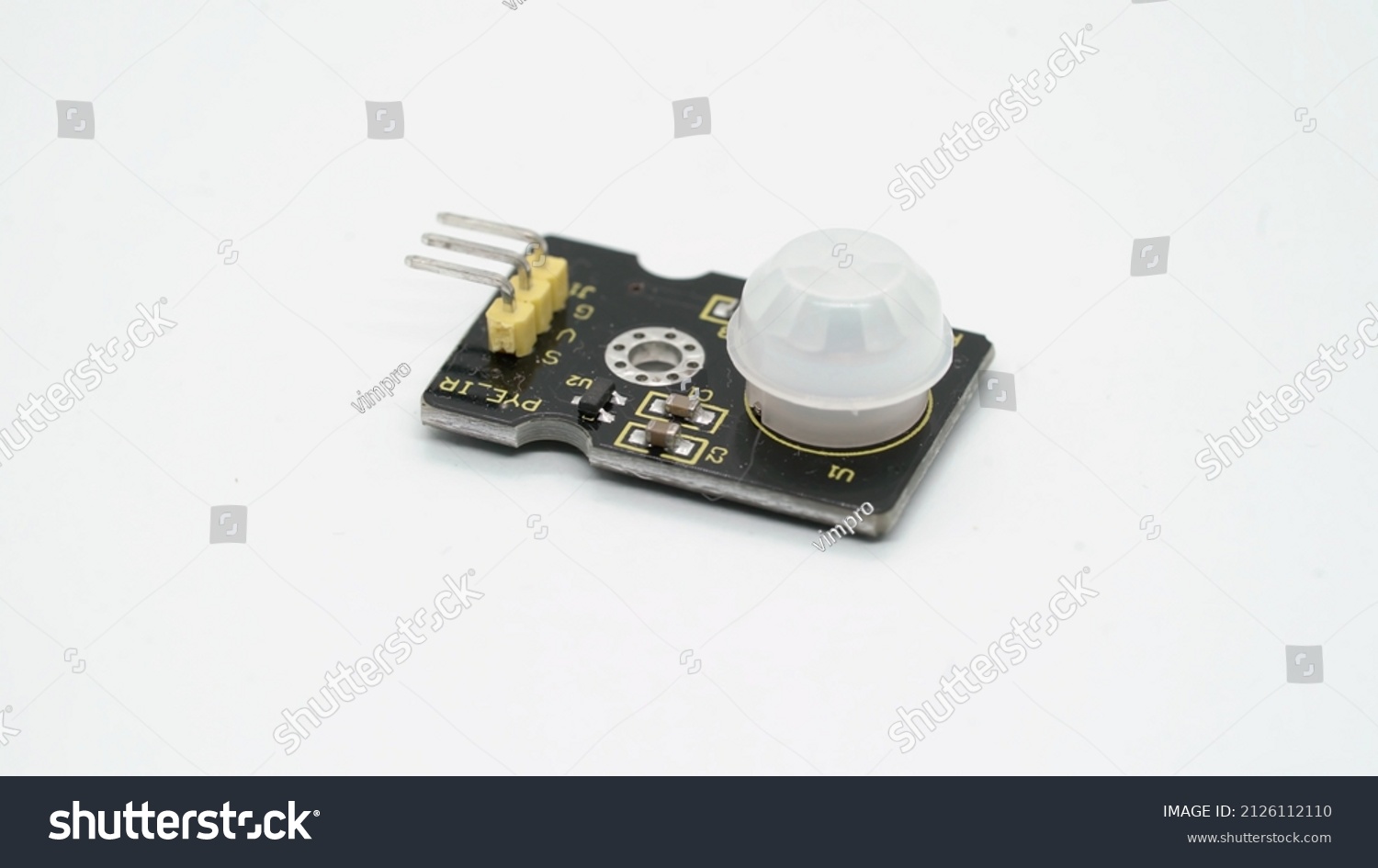 Arduino electronic component. Motion detector ir infrared sensor for security alarm at white isolated. Electronics diy robotics chip board. #2126112110