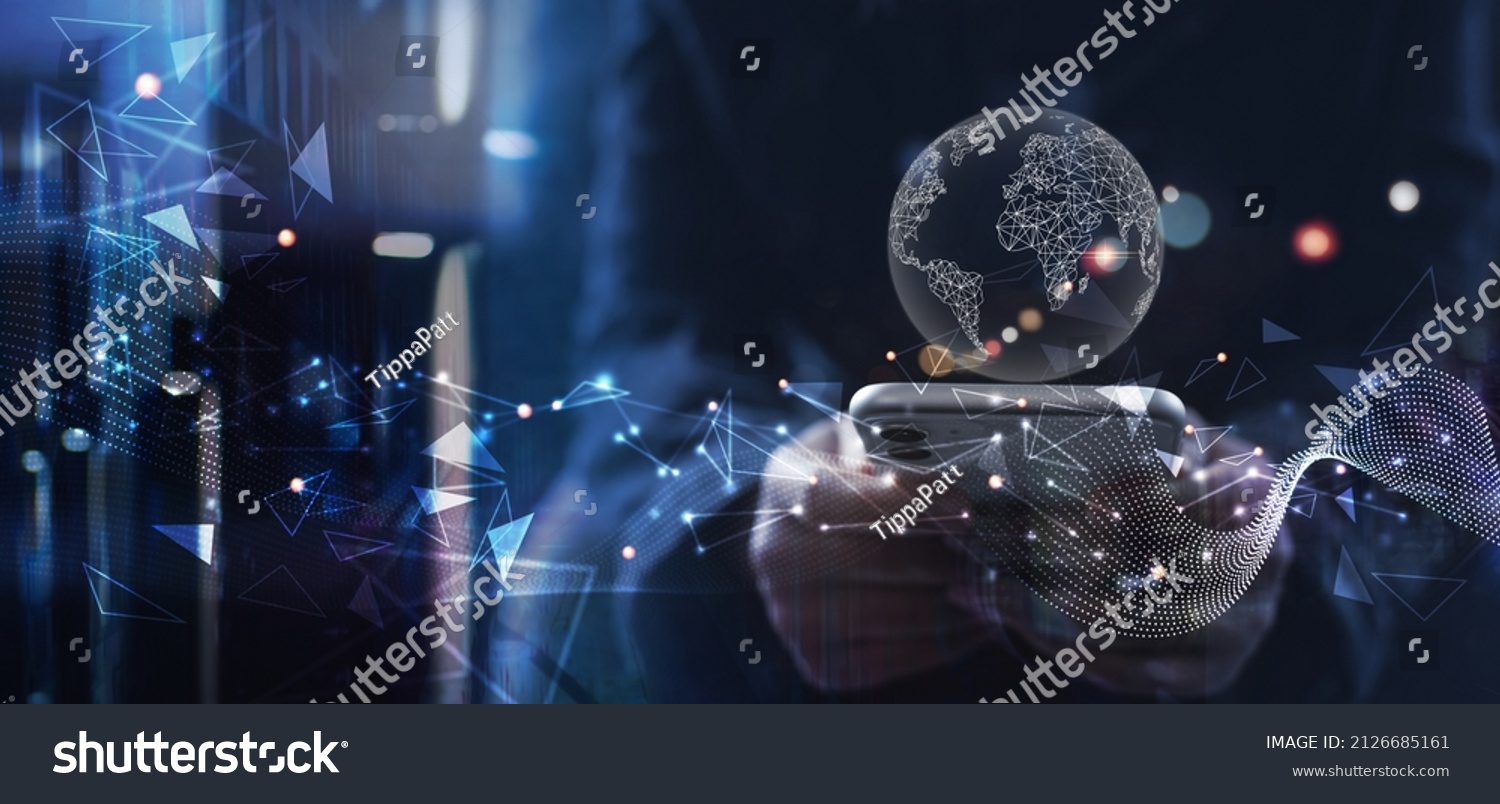 Digital transformation, global internet network connection concept, futuristic technology abstract background. Woman using mobile phone transfers digital data hi-speed internet mobile app #2126685161
