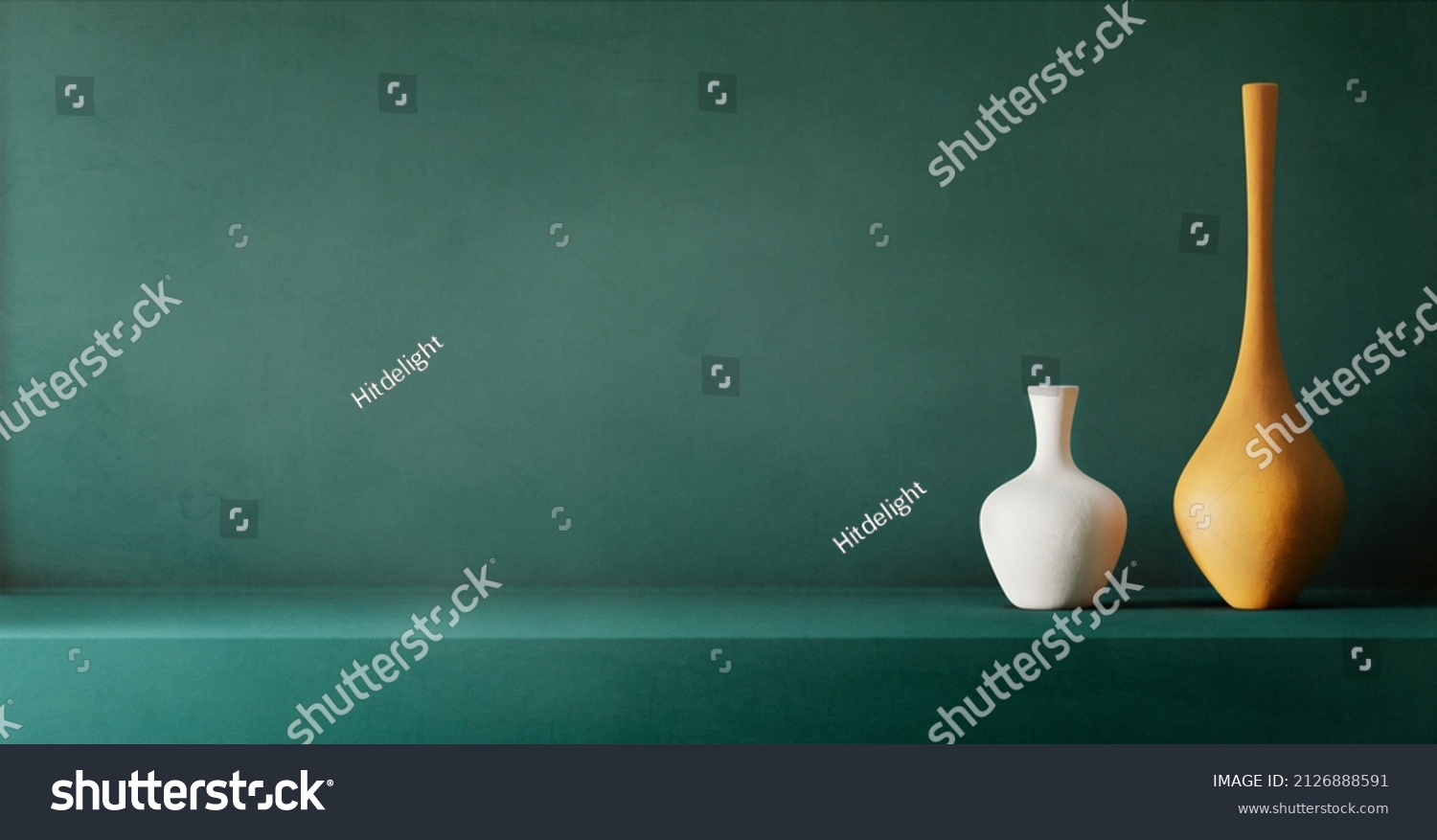 Minimal interion design with ceramic vases on teal plaster texture wall. Product placement showroom with neutral home decor. Home architecture background with neutral aesthetic.  #2126888591
