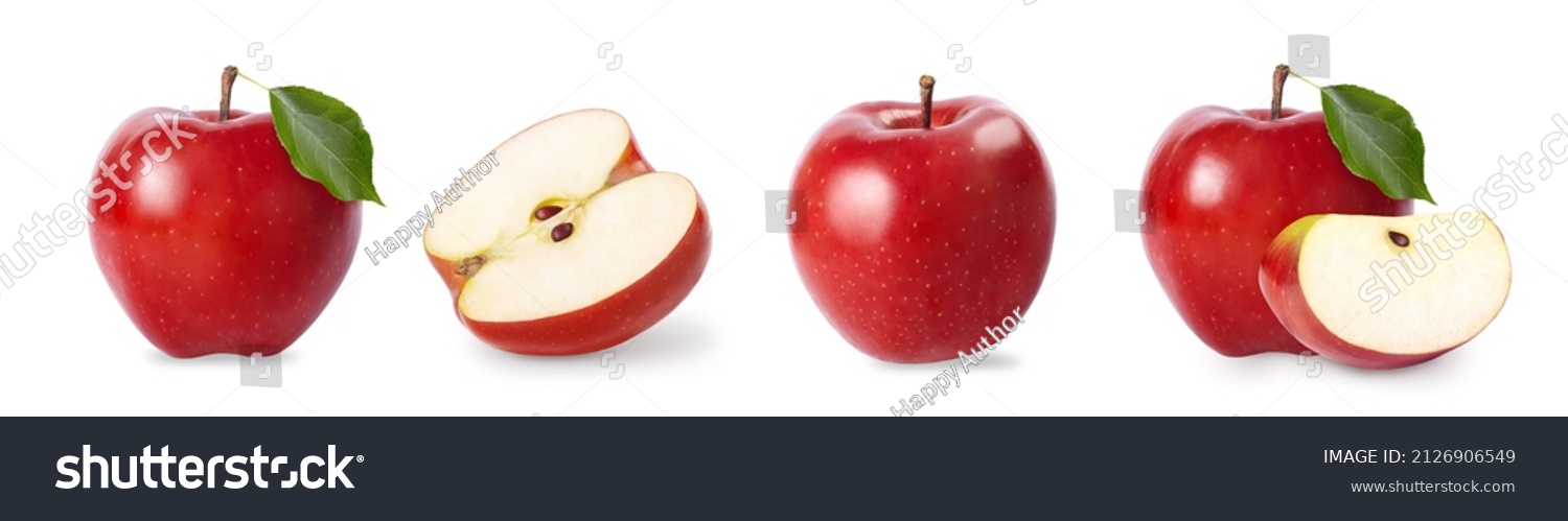 Fresh ripe red apple isolated on white background. A set of whole and sliced apples. Side view. #2126906549