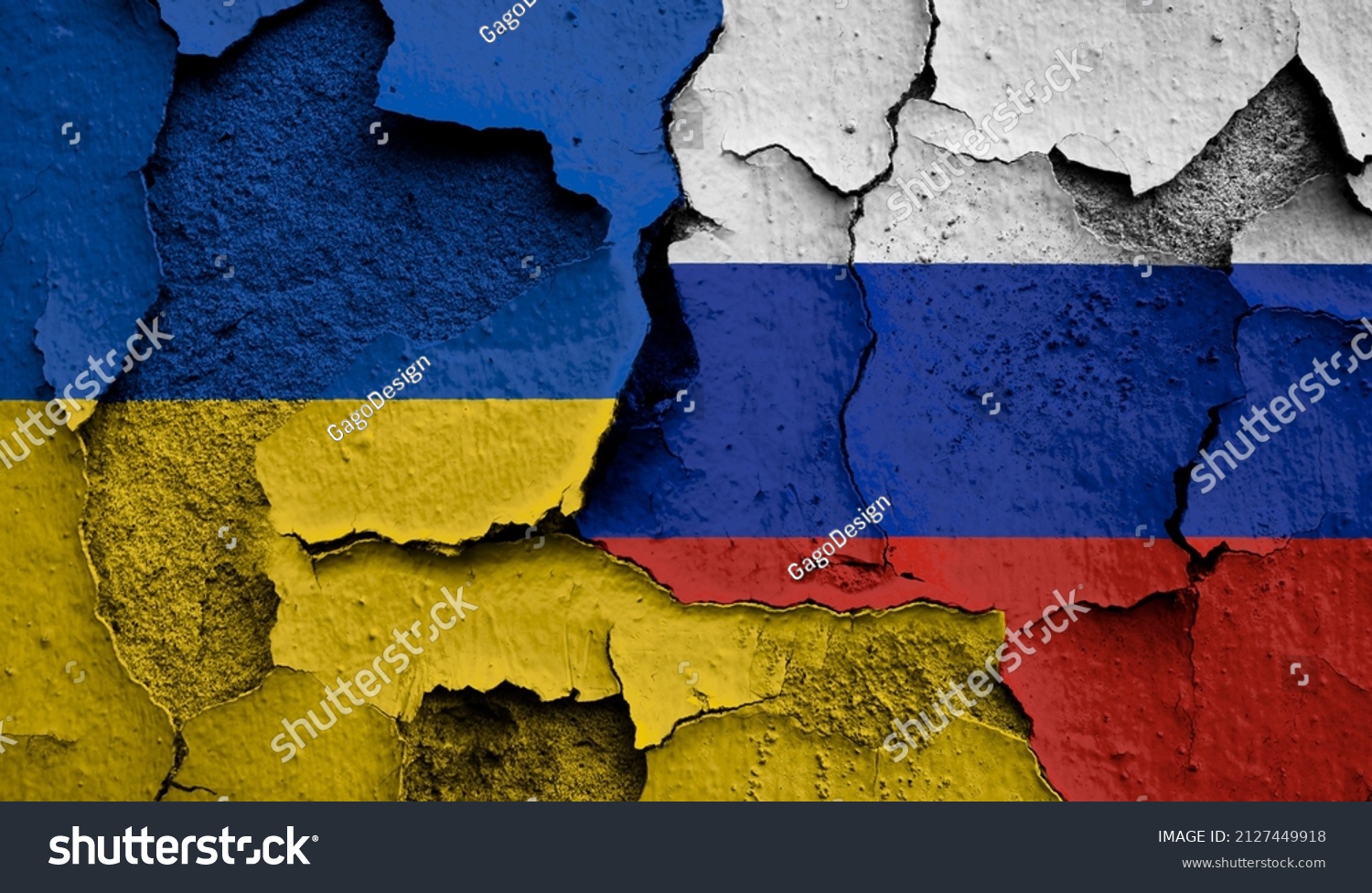Flag of Ukraine and  Russia on old grunge wall in background  #2127449918