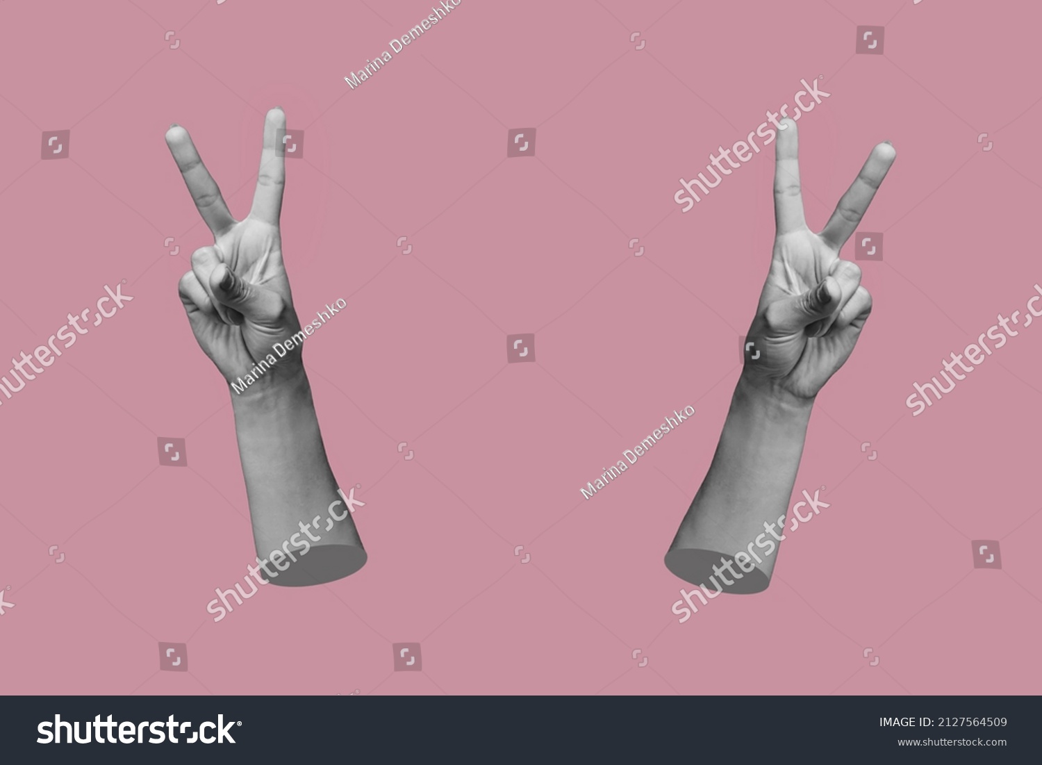 Two female hands showing a peace gesture isolated on a rosy pink color background. Trendy abstact collage in magazine urban style. 3d contemporary art. Modern design. Victory hand sign #2127564509