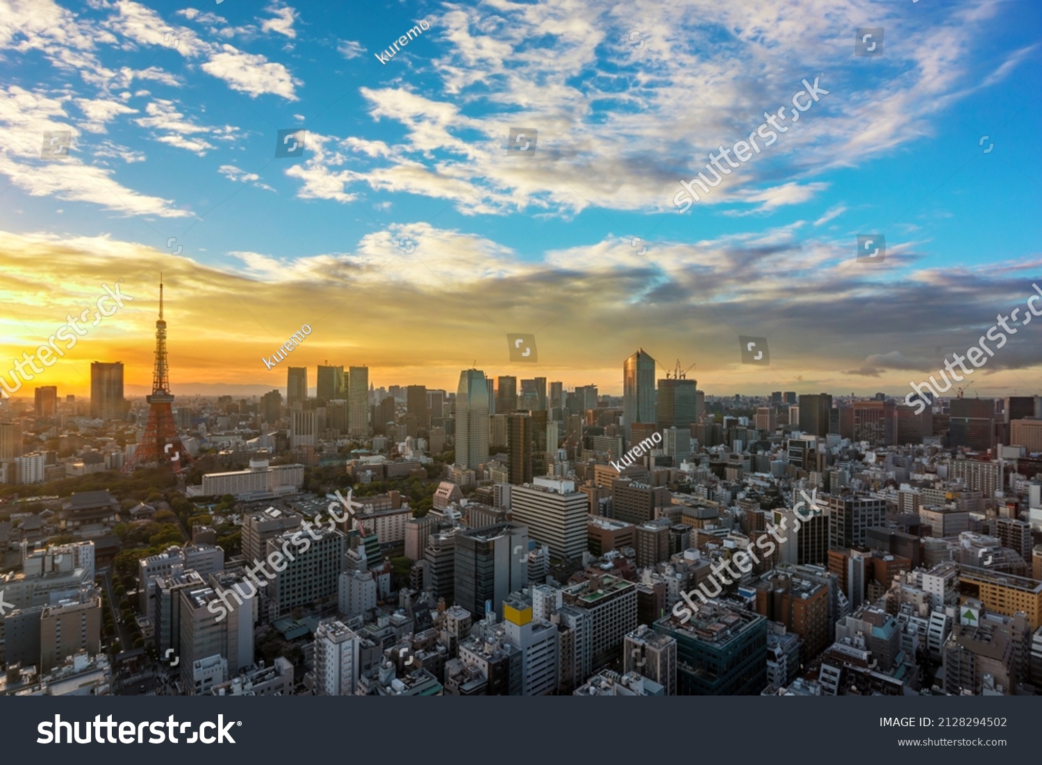 Bird's-eye view of a sunset cityscape depicting the Tokyo tower and Roppongi Hills skyscrapers above the buildings of Shibadaimon district at golden hour. #2128294502