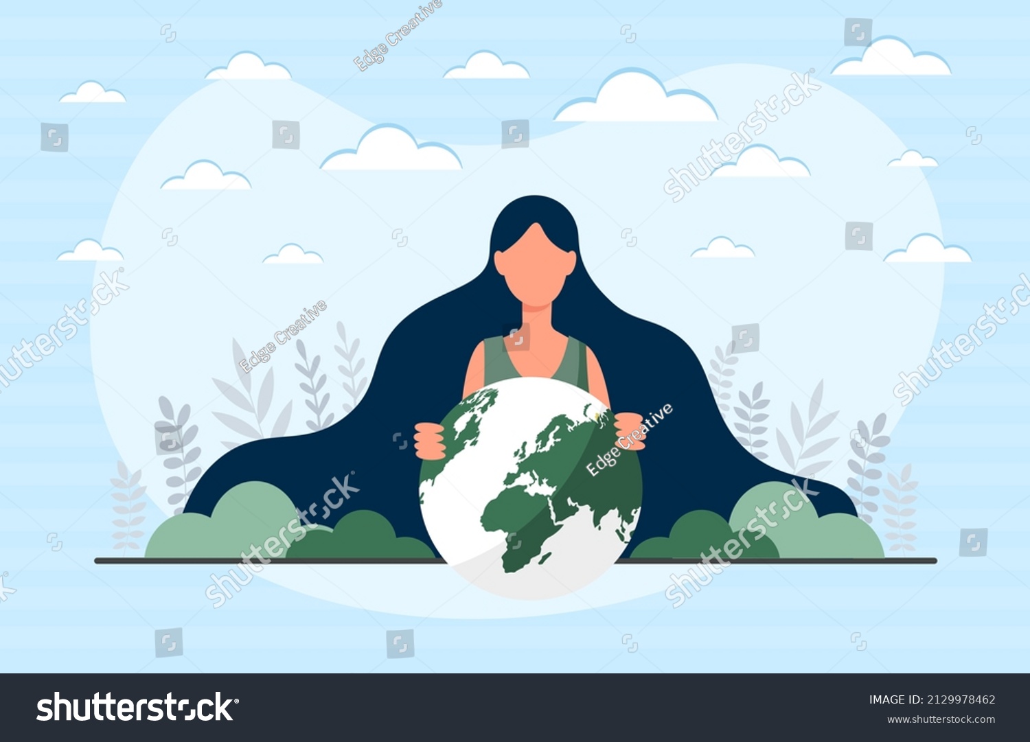 Mother earth day concept. Young woman with long hair embraces planet and protects nature. Taking care of environment and preserving flora and fauna. Cartoon contemporary flat vector illustration #2129978462