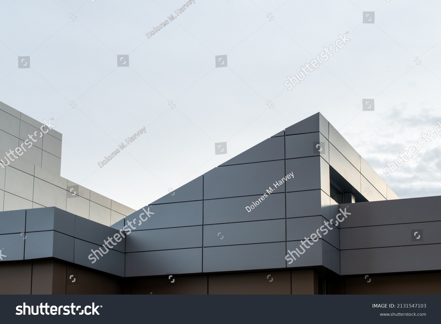 The exterior wall of a contemporary commercial style building with aluminum metal composite panels and glass windows. The futuristic building has engineered diagonal cladding steel frame panels. #2131547103