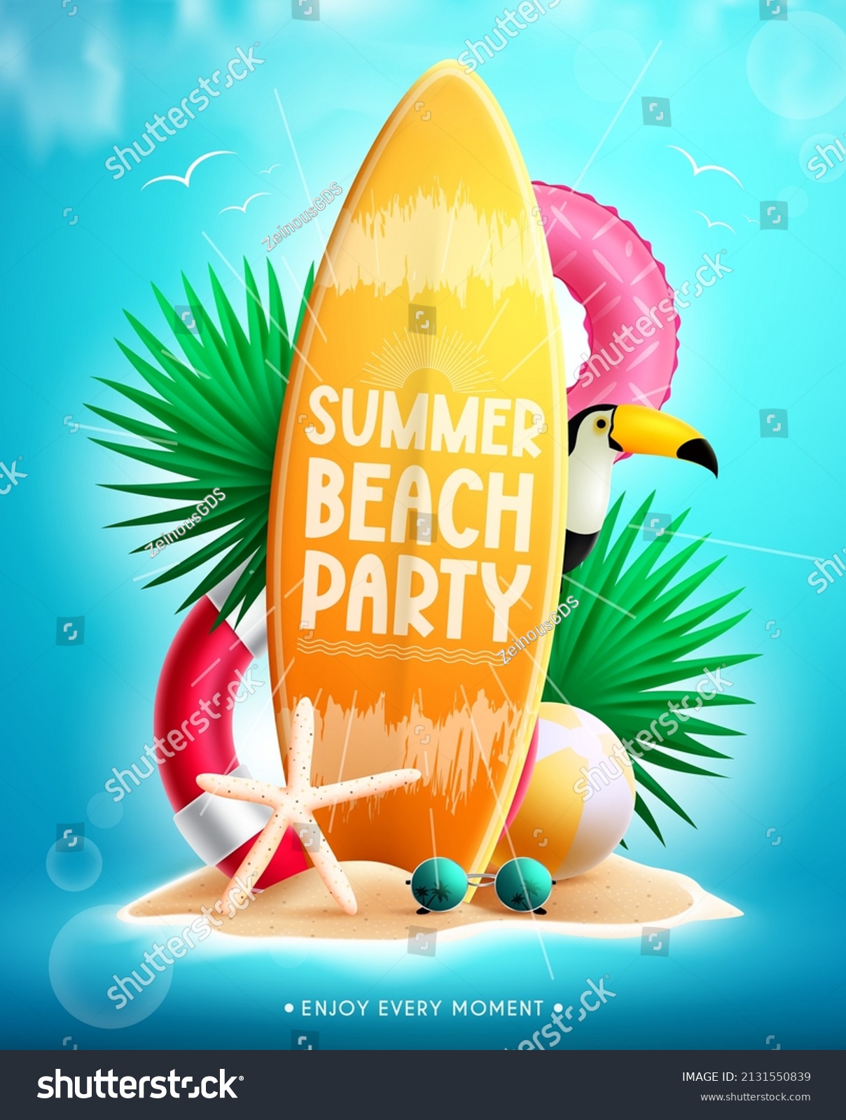 Summer beach vector concept design. Summer beach party text in surfboard element with floaters, leaves and miniature island for tropical holiday decoration. Vector illustration.
 #2131550839