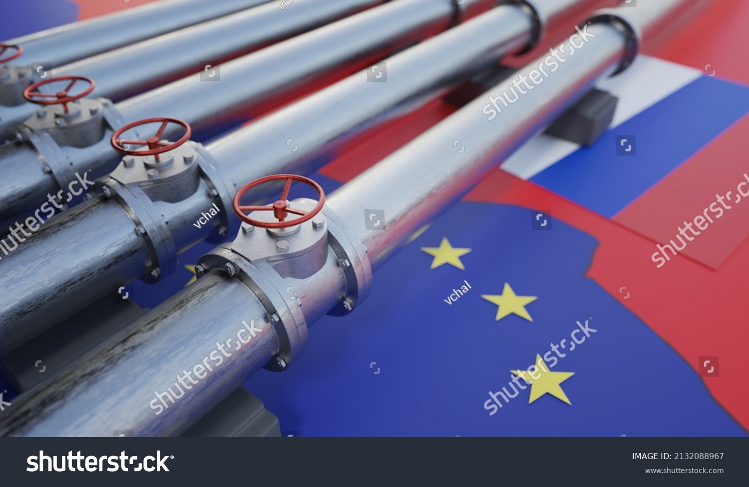 Pipes of gas or oil from Russia to European Union. Sanctions concept. 3D rendered illustration. #2132088967