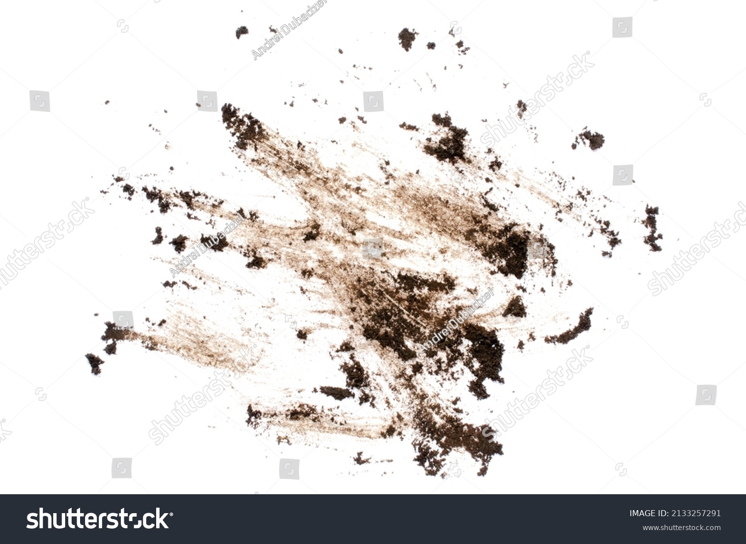 Mud spots of soil, isolated on white background, top view. Earth stain dirt isolated on white background, top view. Spot of fertile soil layer isolated on white background, top view. #2133257291