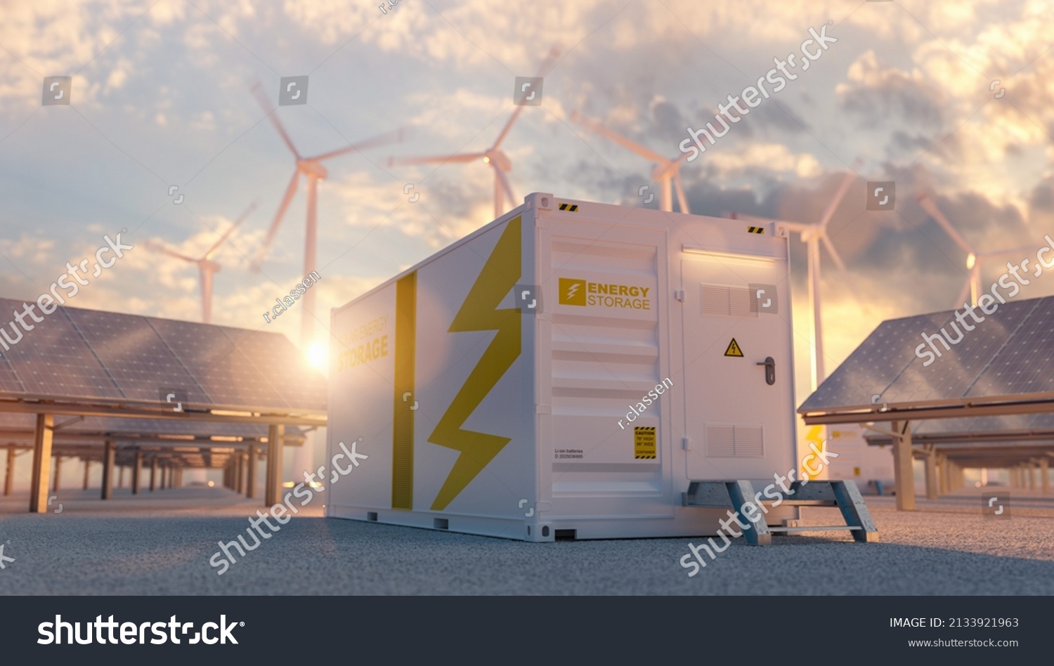 modern battery energy storage system with wind turbines and solar panel power plants in background at sunset #2133921963